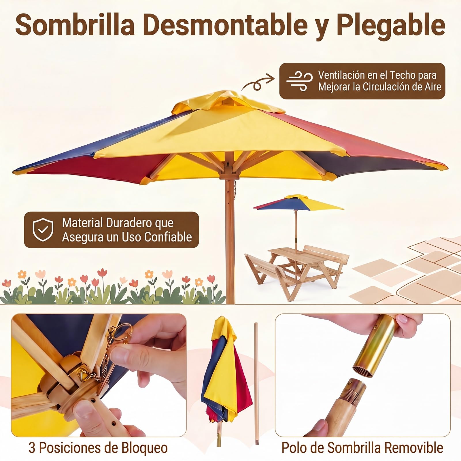 LIFEZEAL Mesa Picnic Infantil Madera, con Sombrilla | Set 2 Bancos Integrados y Respaldo, Estructura Abeto Resistente, Mueble Exterior Niños 3-8 Años Jardín Patio Playa