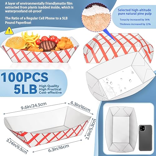 Miniatura 9 de MotBach Paquete de 100 bandejas de papel extra grandes de 5 libras, botes de papel desechables, botes de alimentos resistentes, bandeja de papel