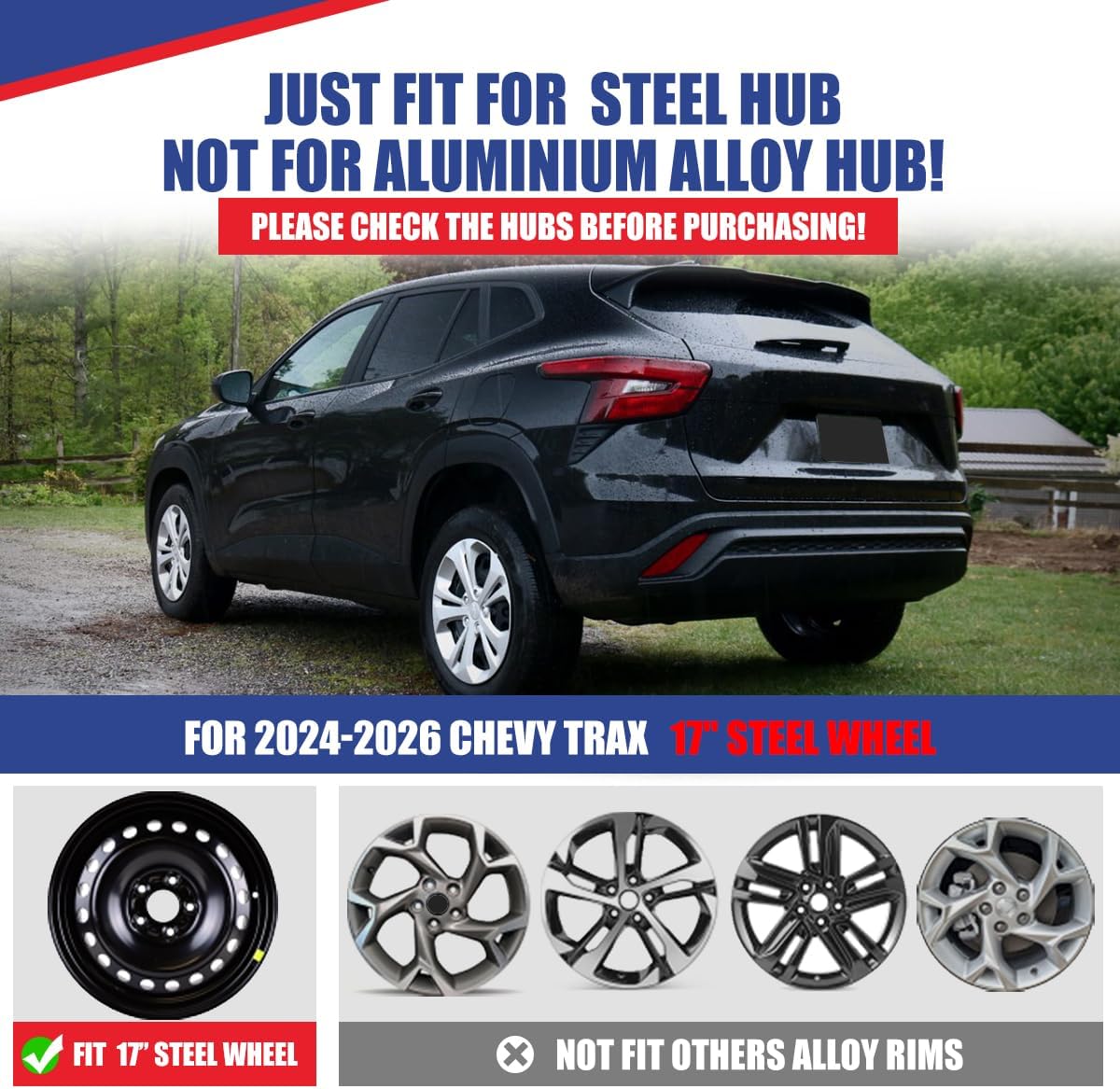 CPW 17 Inch Steel Wheel Hubcaps for Chevy Trax 2024-2026, PP Material Snap-On Installation Car Accessories Wheel Cover Replacement 1 Set of 4 Black Lacquer