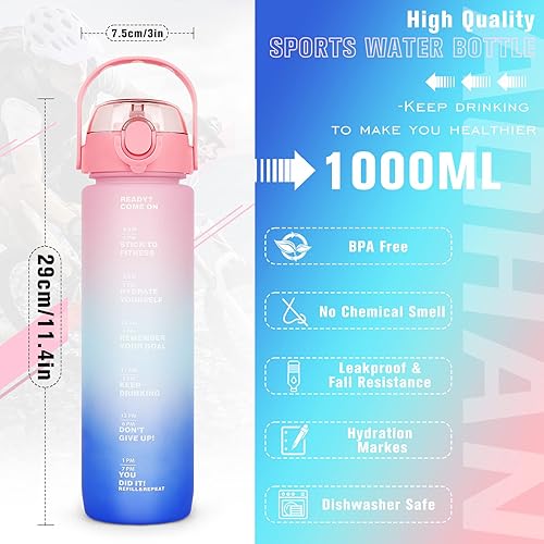 Miniatura 4 de Botellas de agua de 32 onzas sin BPA, botella de agua deportiva con popote, apta para lavavajillas, botella de agua motivacional a prueba de fugas