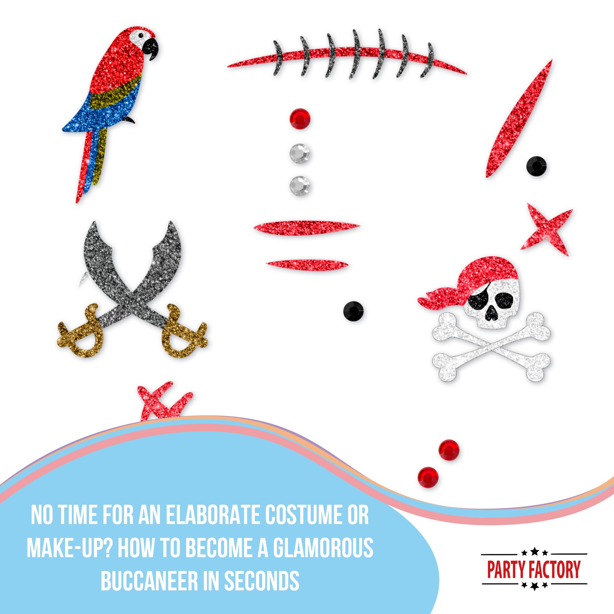 Tatouages Temporaires Pailletés Pirate – 17 Motifs Strass Pour Enfants Et Adultes Halloween Carnaval Fête