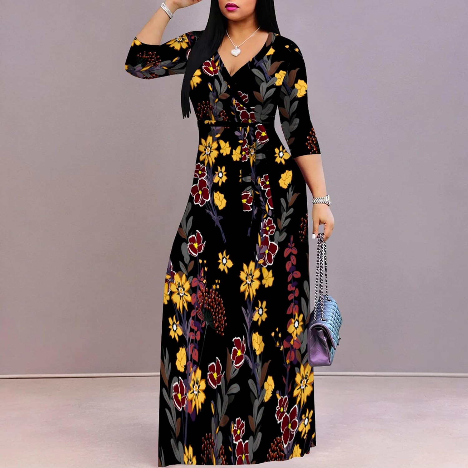 Women's Floral Print Maxi Dresses Plus Size 3/4 Sleeves Flowy Long Dress V Neck Sundress with Belted(Floral1 XL) - Image 5