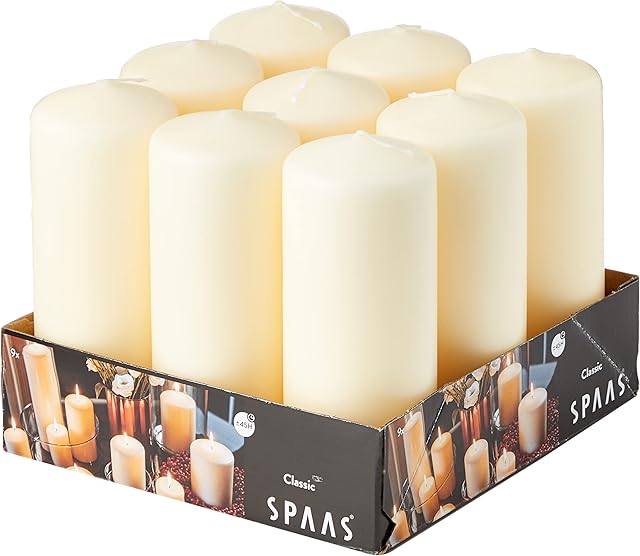 Spaas Tray of 9 Unscented Pillar Candles 60/150 mm, 45 Hours, Ivory