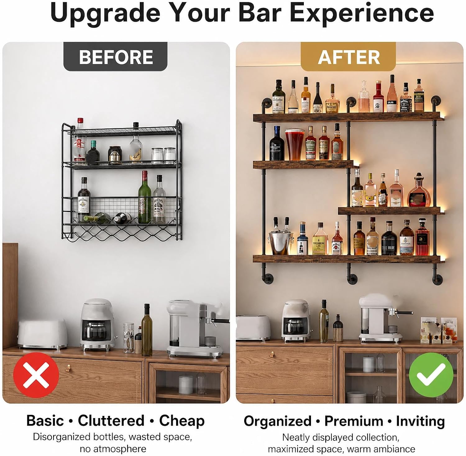 4-Tier Wall Mounted Wine Rack with LED Lights; 39.8" W