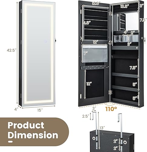 Miniatura 7 de CHARMAID Armario de joyería con espejo LED, armario de joyería con cerradura con espejo ajustable iluminado de longitud completa, 3 juegos de
