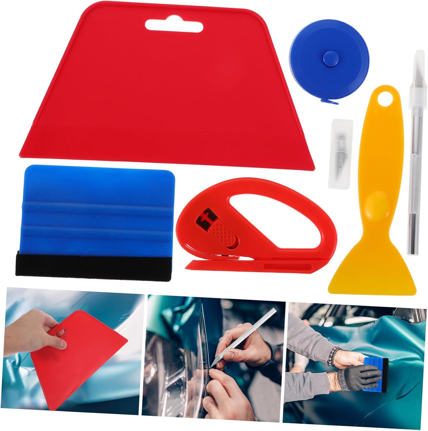 Amosfun 1 Set Automotive Window Tinting Kit Car Film Wrap Tools with Red Trapezoid Squeegee Precision Engraving Knife Measuring Tape and Plastic Scraper for Wrap Applications
