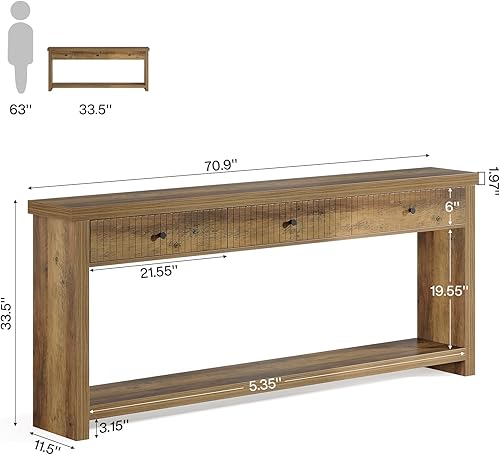 Miniatura 2 de Tribesigns Mesa de entrada extra larga de 70.9 pulgadas con 3 cajones, mesa consola de sofá con estantes de almacenamiento abiertos, mesas de madera