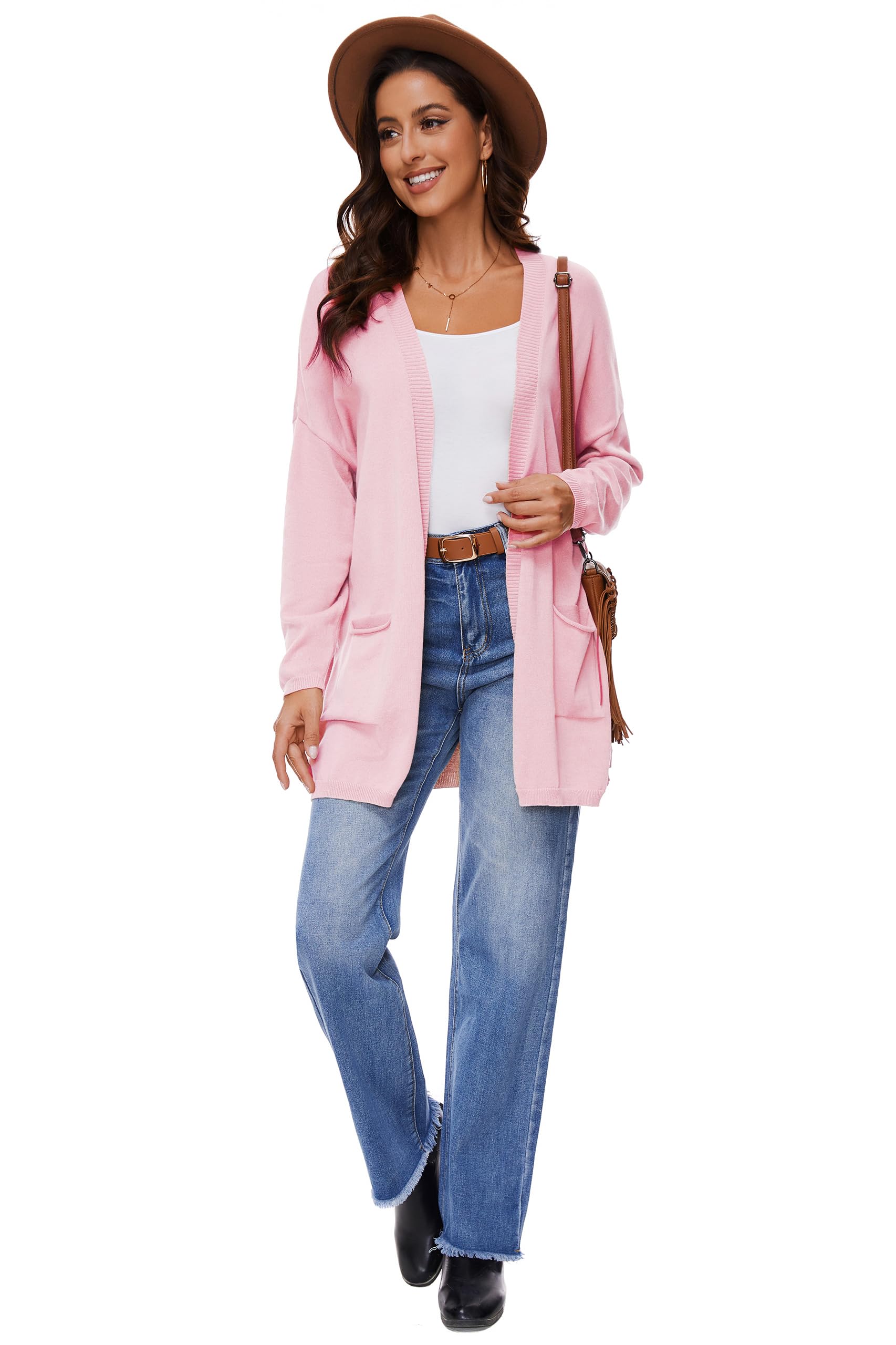 Cardigan Aperto in Cotone 100% per Donna con Tasche, Maniche Lunghe, Morbido, Oversize, Maglione Casual da Donna, Rosa Chiaro, XXL