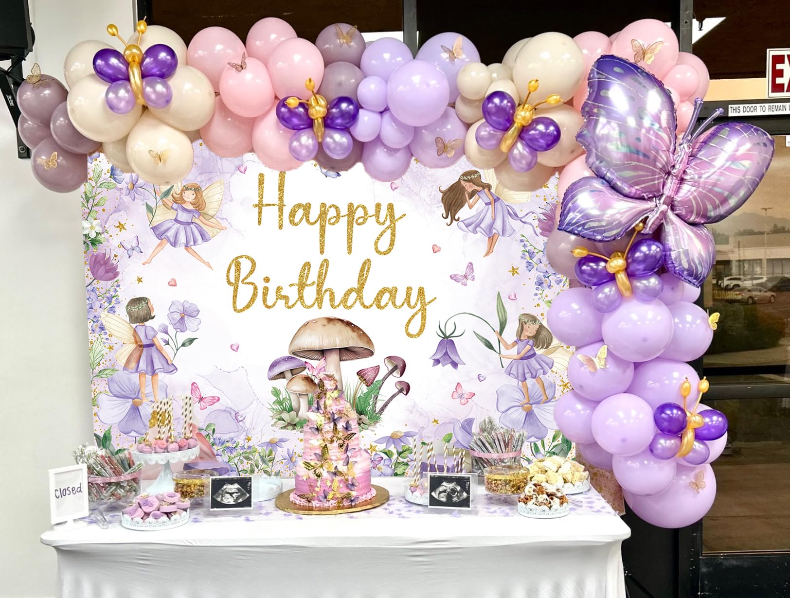 Sfondo Primo Compleanno Per Bambina 2,2x1,5 M – Rosa Viola Con Palloncini E Farfalle, Tovaglia Per Torta E Banner Festa