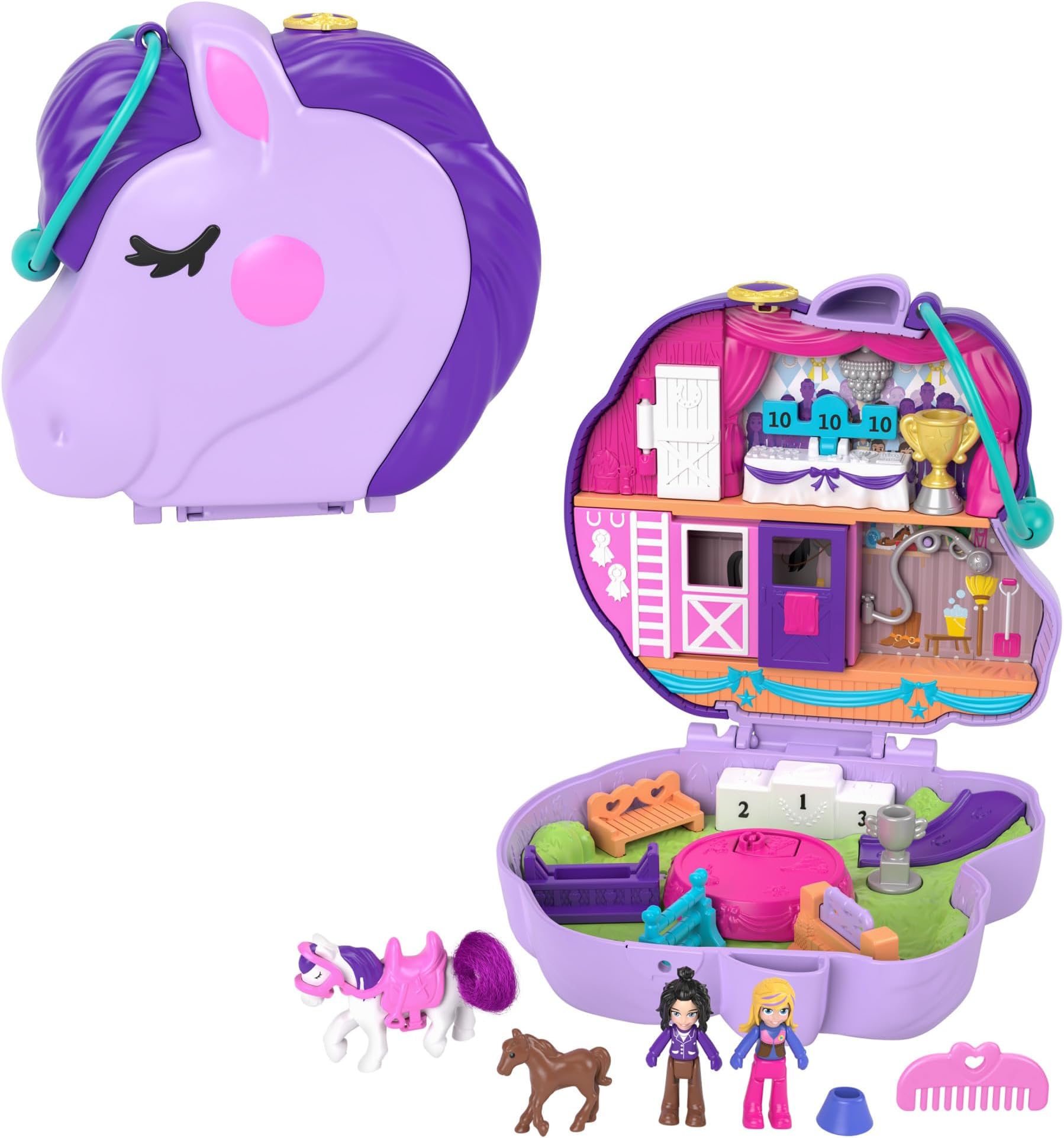 Polly Pocket Jumpinââ‚¬â„¢ Style Pony Compact with Horse Show Theme, Micro Polly Doll & Friend, 2 Horse Figures (1 with Saddle & Tail Hair), Fun Features & Surprise Reveals, Great Gift for Ages 4 & Up