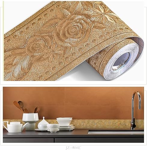 Miniatura 5 de JZHOME 204 Borde de papel pintado despegar y pegar 3D decorativo moldeado floral 4.2''×16.4 pies Oro Rosa autoadhesivo para azulejos adhesivo de