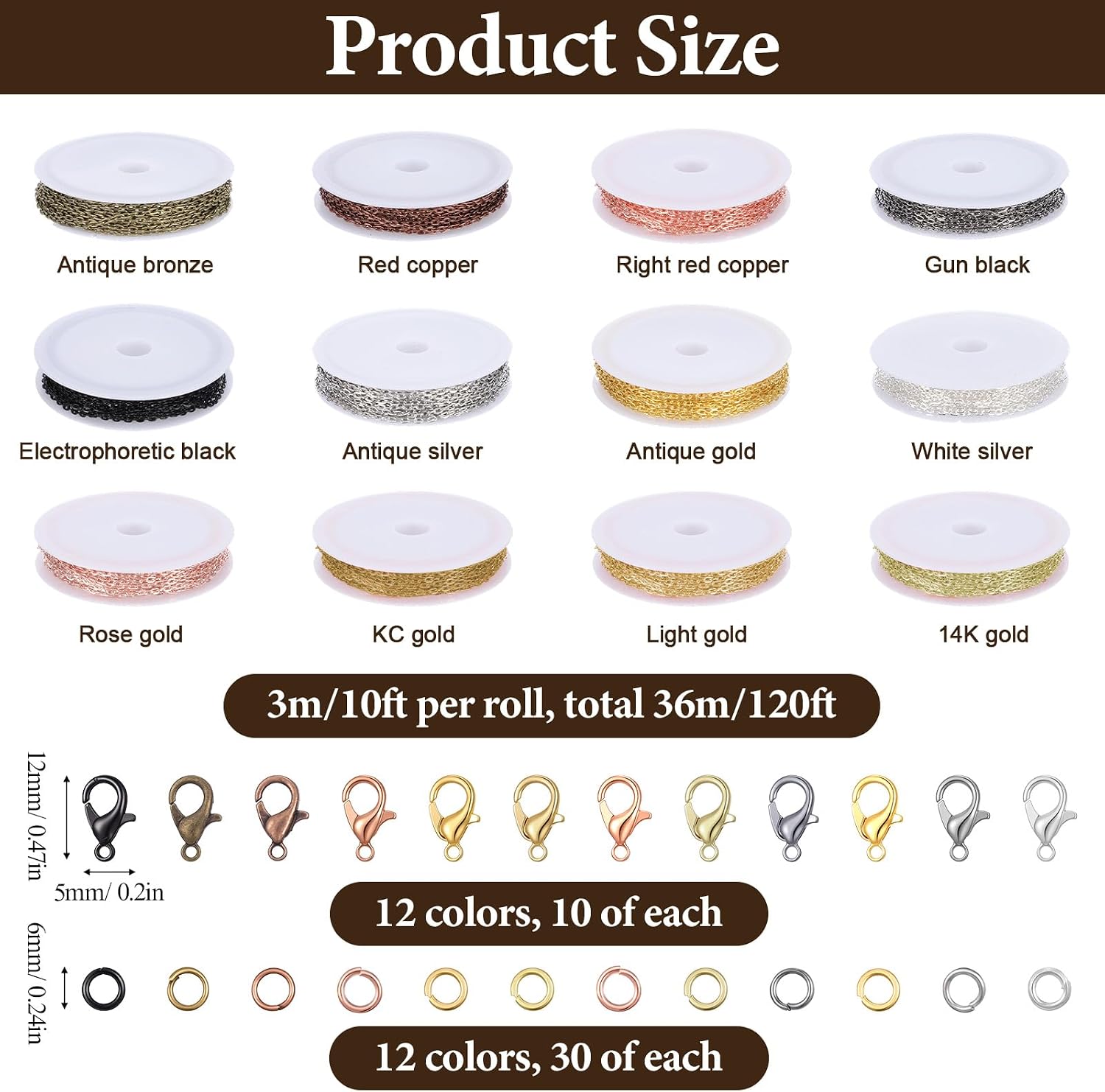 12 Rolls 120 Feet 2 mm Jewelry Making Chains Link Roll Bulk 12 Colors Metal Necklace Chainswith Pliers, Open Jump Rings and Lobster Clasps for DIY Jewelry Necklace Earring Bracelet Anklet Making
