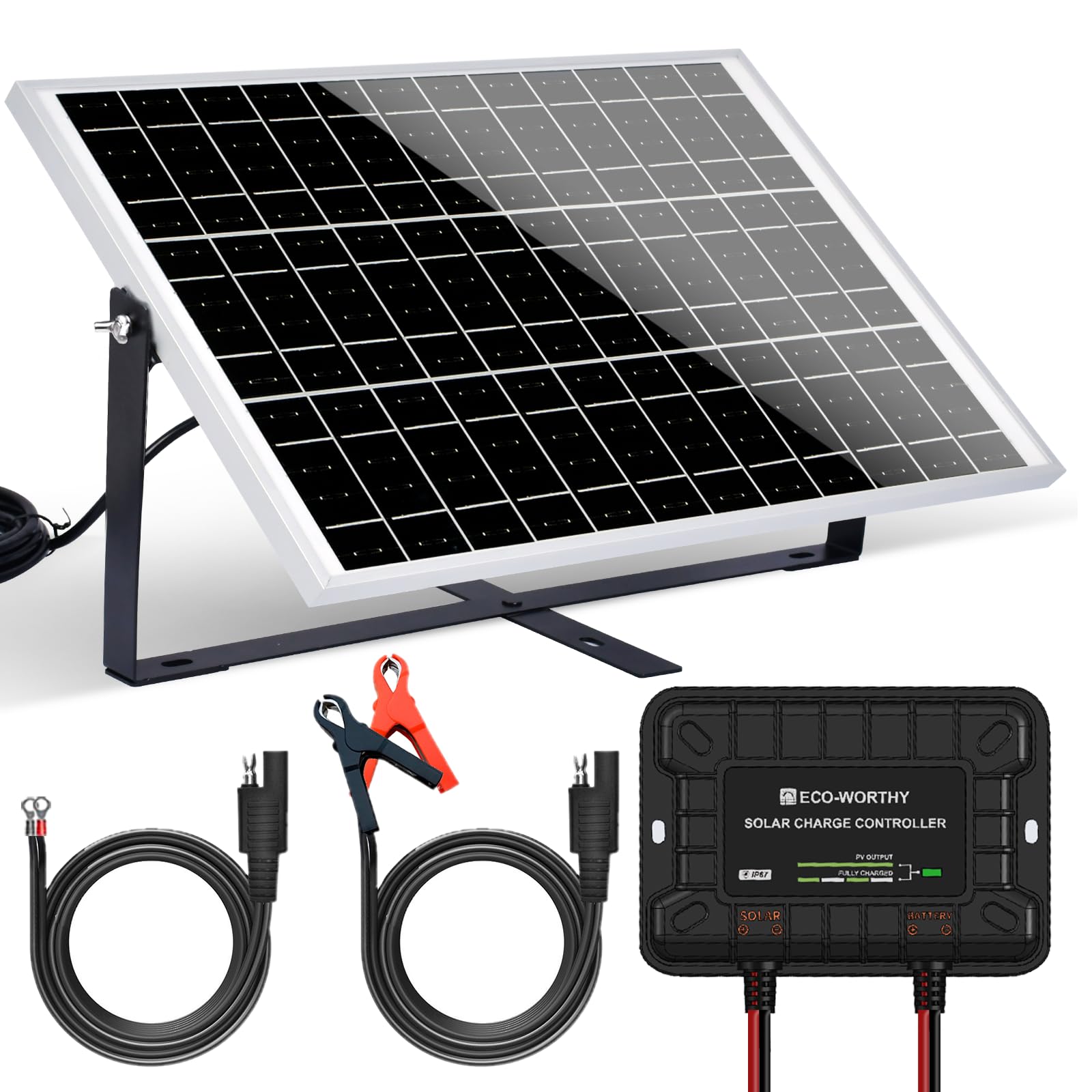 ECO-WORTHY Monokrystaliczny moduł solarny 25 W, 12 V, zestaw paneli słonecznych: panel słoneczny 25 W + regulowany uchwyt + kabel przyłączeniowy SAE + regulator ładowania do ogrodu, domku i łodzi