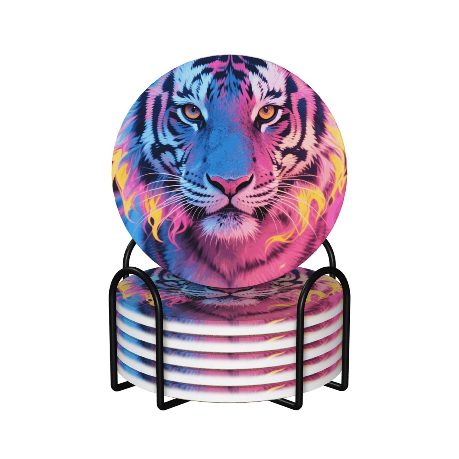Sous-verres céramique motif tigre lot de 6 avec base liège bleu et jaune