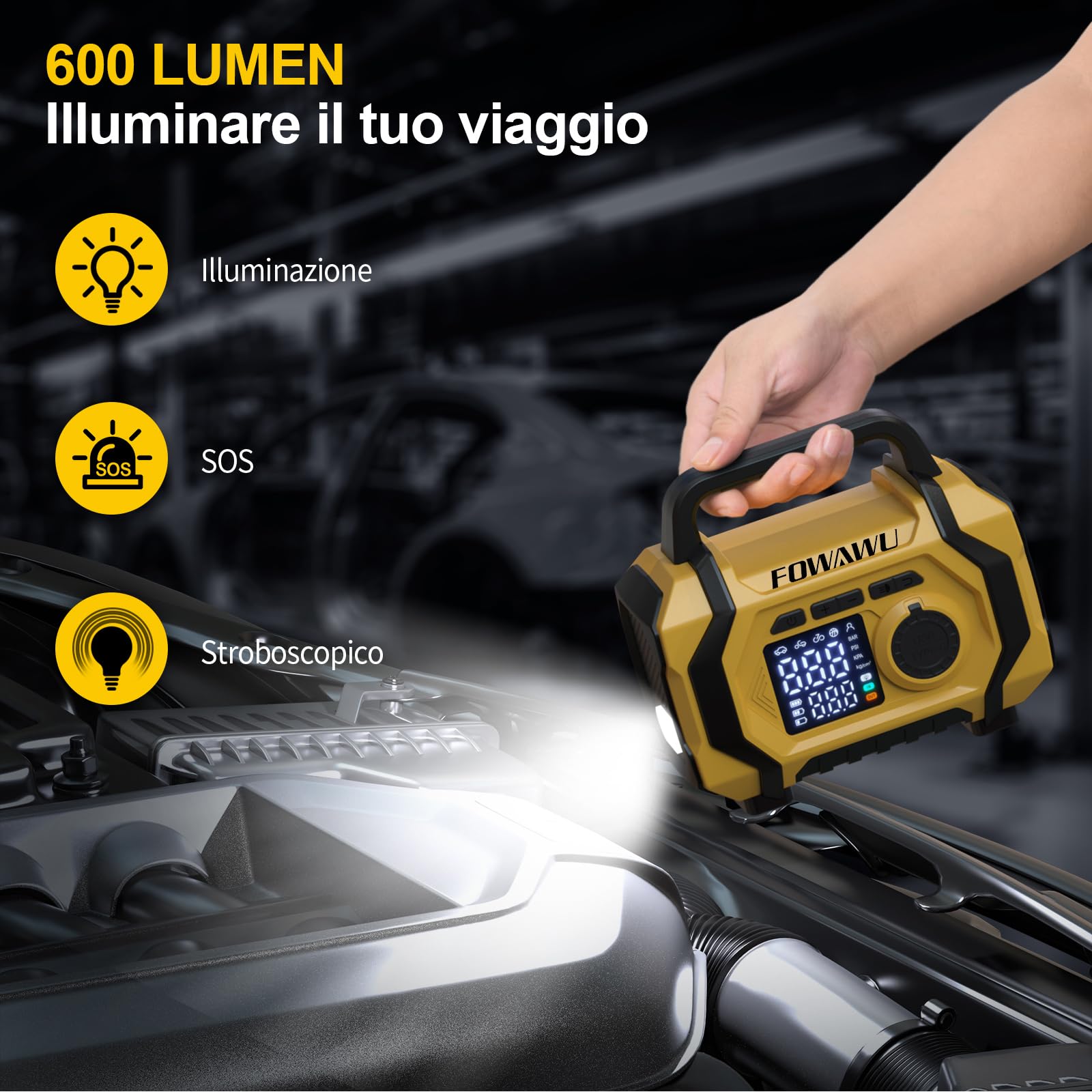 FOWAWU Avviatore Batteria Auto con Compressore 9 in 1, Avviatore Batteria 8000A 26800mAh(Tutti i Benzina e 10L Diesel), Compressore Aria Portatile 150psi con Schermo LCD Digitale Torcia LED