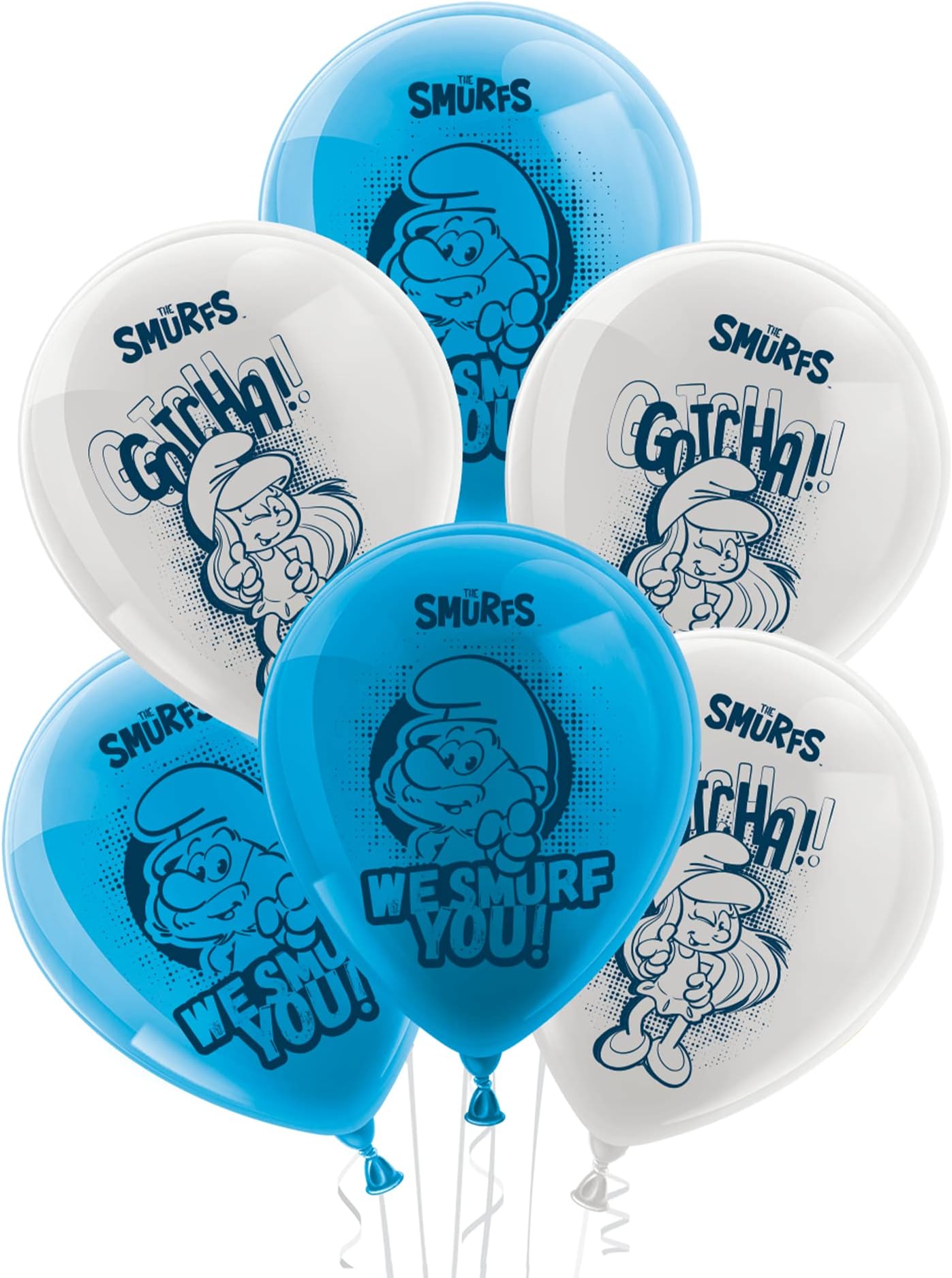 `Smurfs' set of 10 blue and white latex balloons, 9.8 inch, different print designs, for air or helium