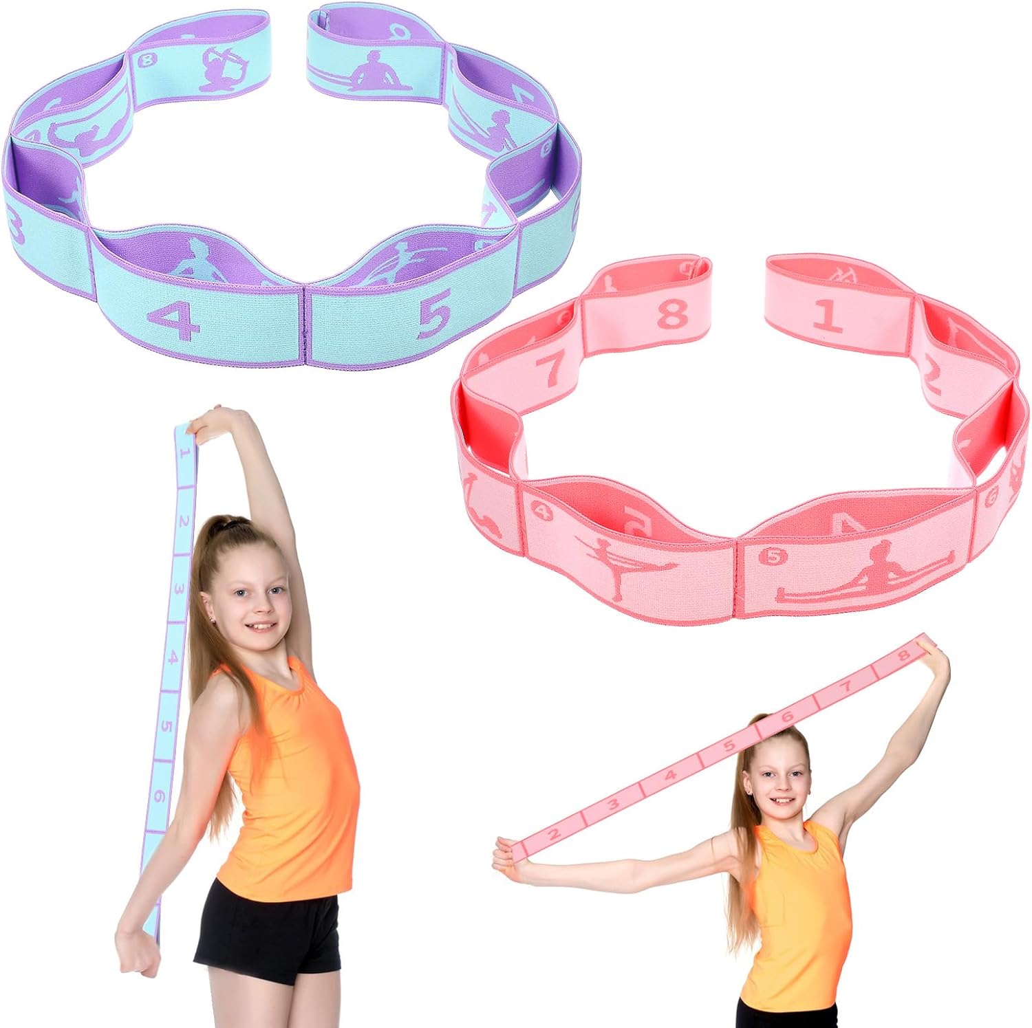 2Pcs Stretching Strap for Kids,Yoga Straps with 8Loops for Stretching Equipment, Kids Stretch Band Resistance Bands, Gymnastics Stretch Ballet Band for Trainer Gymnastics Training, Yoga, Latin