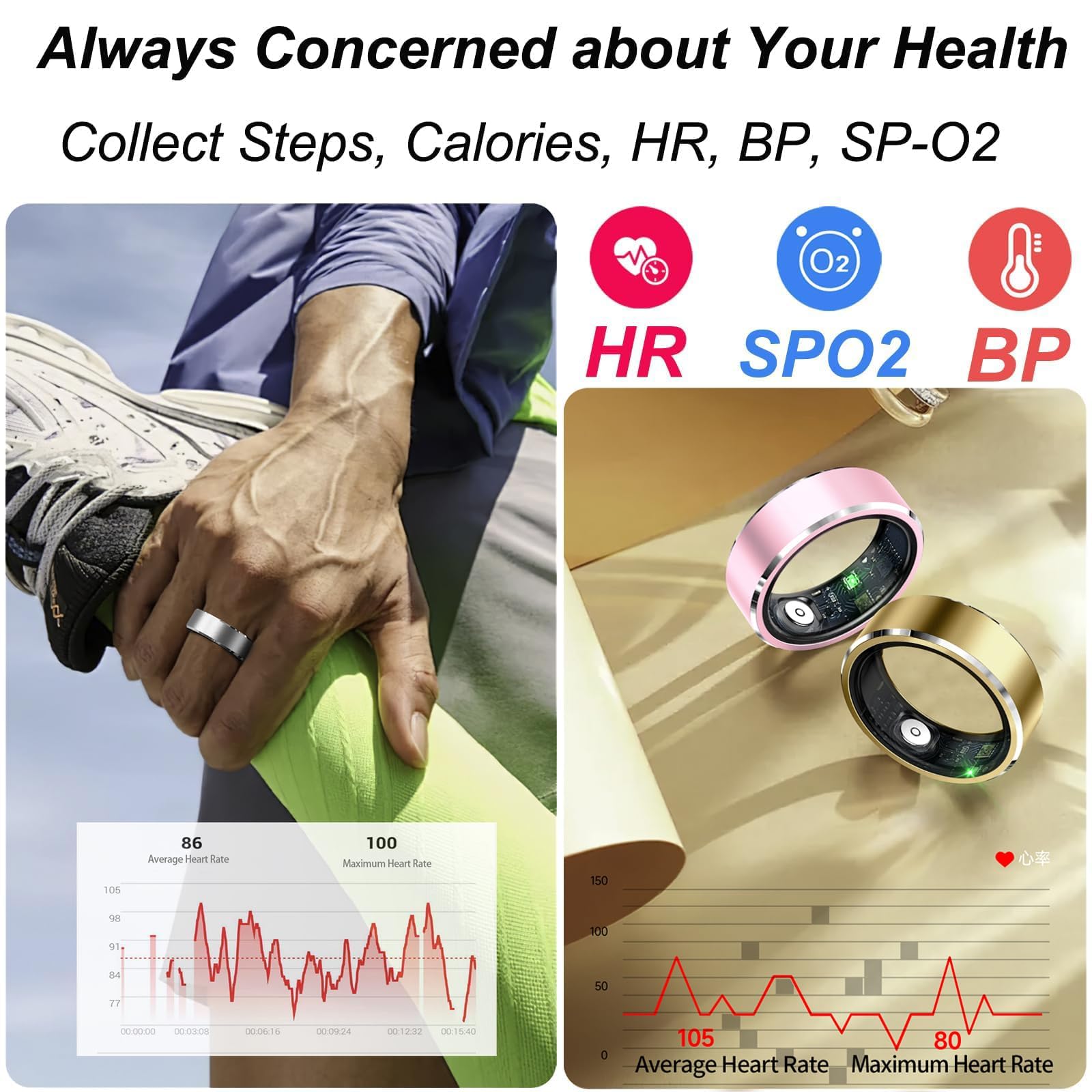 Smart Ring Fitness Tracker Cardiofrequenzimetro Sleep Tracker Controllo TikTok Anelli Fitness Pressione Sanguigna Ossigeno nel sangue Pedometro Contapassi Salute Smart Ring per donne e uomini con