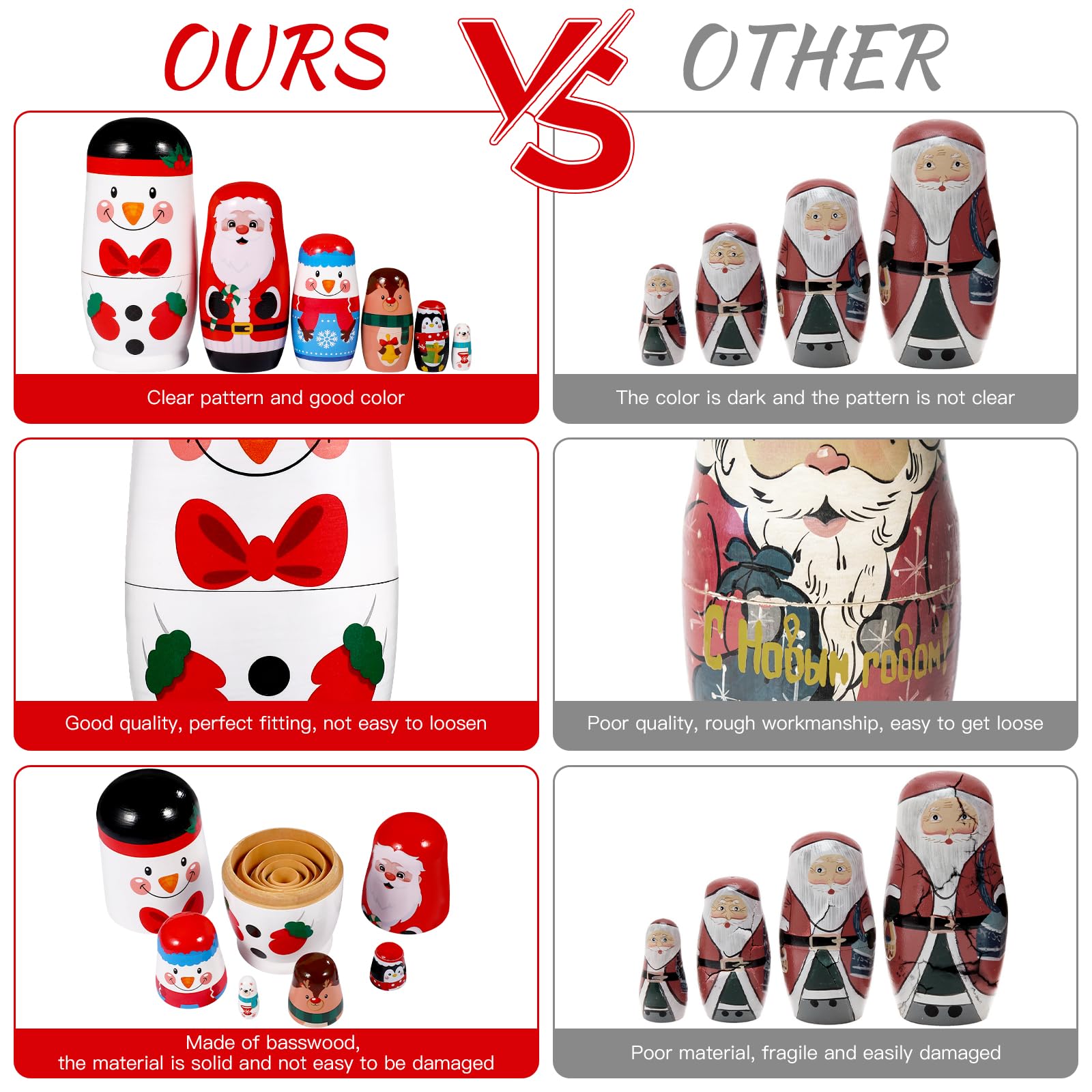 6 Pcs Noël Poupées Russes Poupées empilables en Bois Faites à la Main Poupées Russes gigognes Poupées Matryoshka Jouet pour la décoration de Noël Enfants Anniversaire Fête Cadeaux