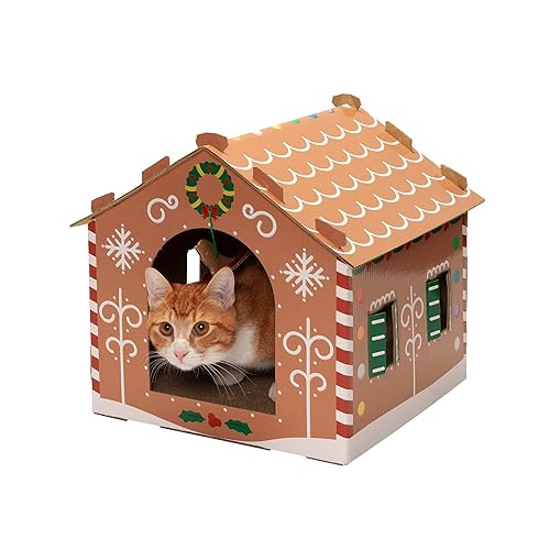 Furhaven Cardboard Cat House w/ Catnip for Indoor Cats, Ft. Scratching Pad & Hanging Toys - Decorated Gingerbread House Holiday Cat Scratcher Hideout - Christmas Print, One Size - Gingerbread Christmas House - One Size