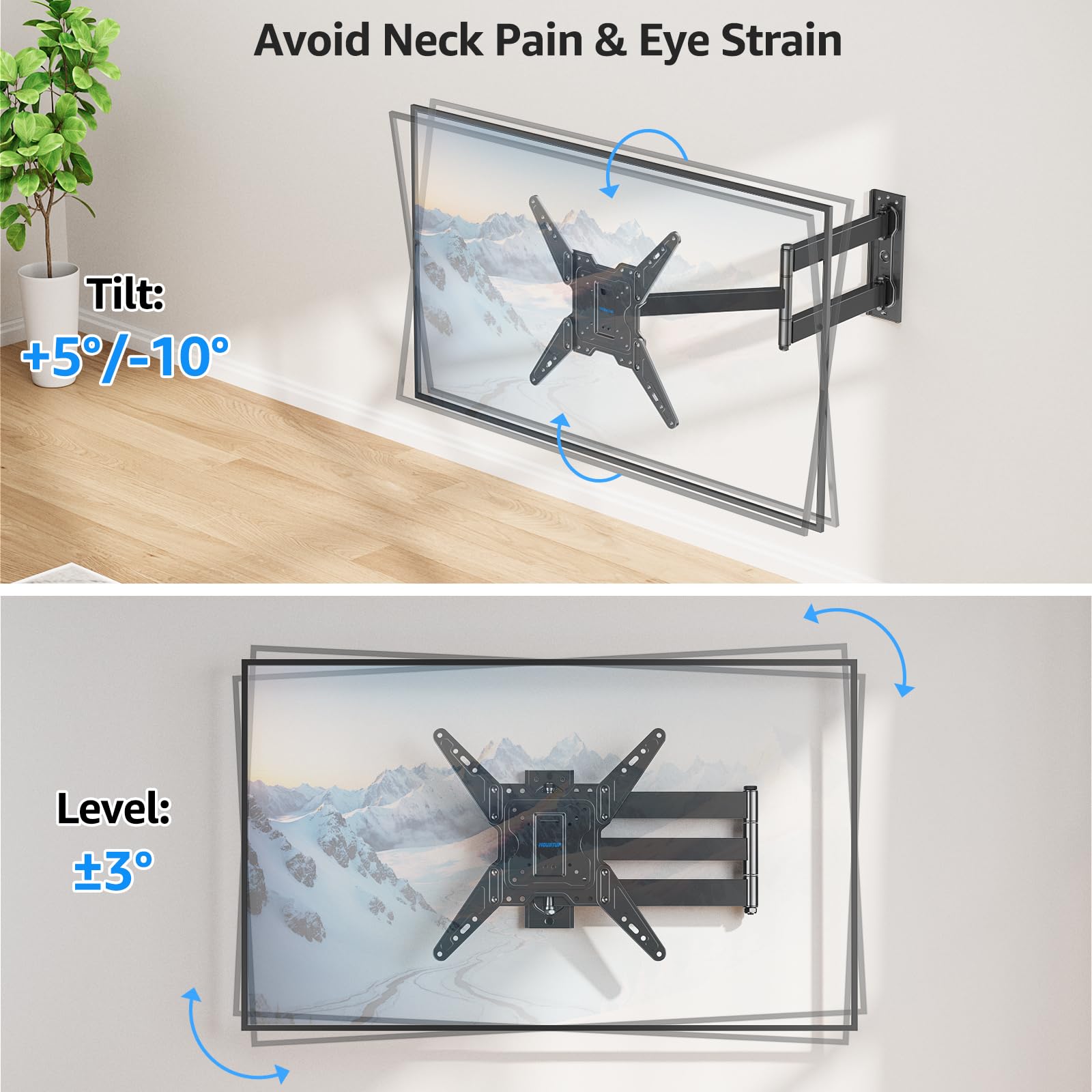 MOUNTUP Soporte de pared de esquina para TV con brazo largo para la mayoría de televisores de 32 a 65 pulgadas, soporte de TV de movimiento completo con soporte de extensión adicional de 31.3