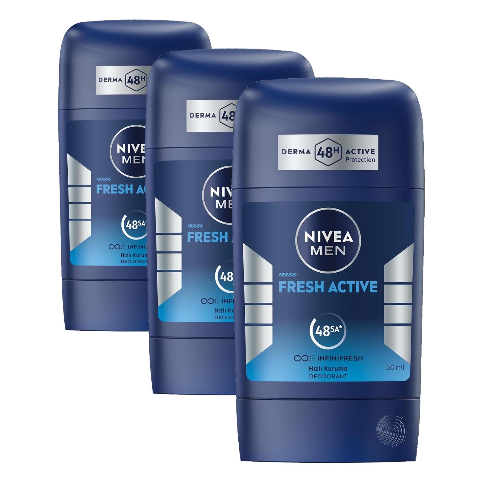 NIVEA MEN Erkek Stick Deodorant Fresh Active 50 ml, Ter ve Ter Kokusuna Karşı 48 Saat Deodorant Koruması, Okyanus Özleri,Alüminyum İçermez (3 paketi)