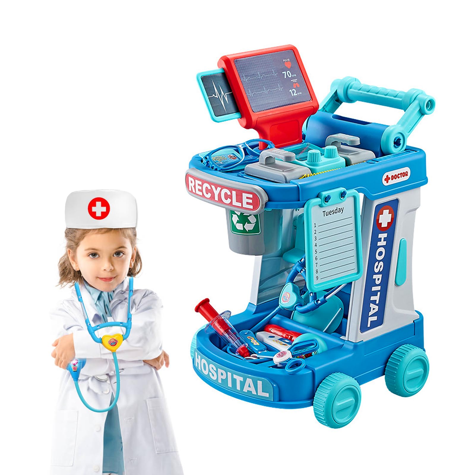 Doctor Kit for Kids Pretend Playset for Toddlers, Doctor Kit for Toddlers 3-5, with Doctor Cart, Costume, Stethoscope, Medical Toy for Girls and Boys Fun Role Playing Game