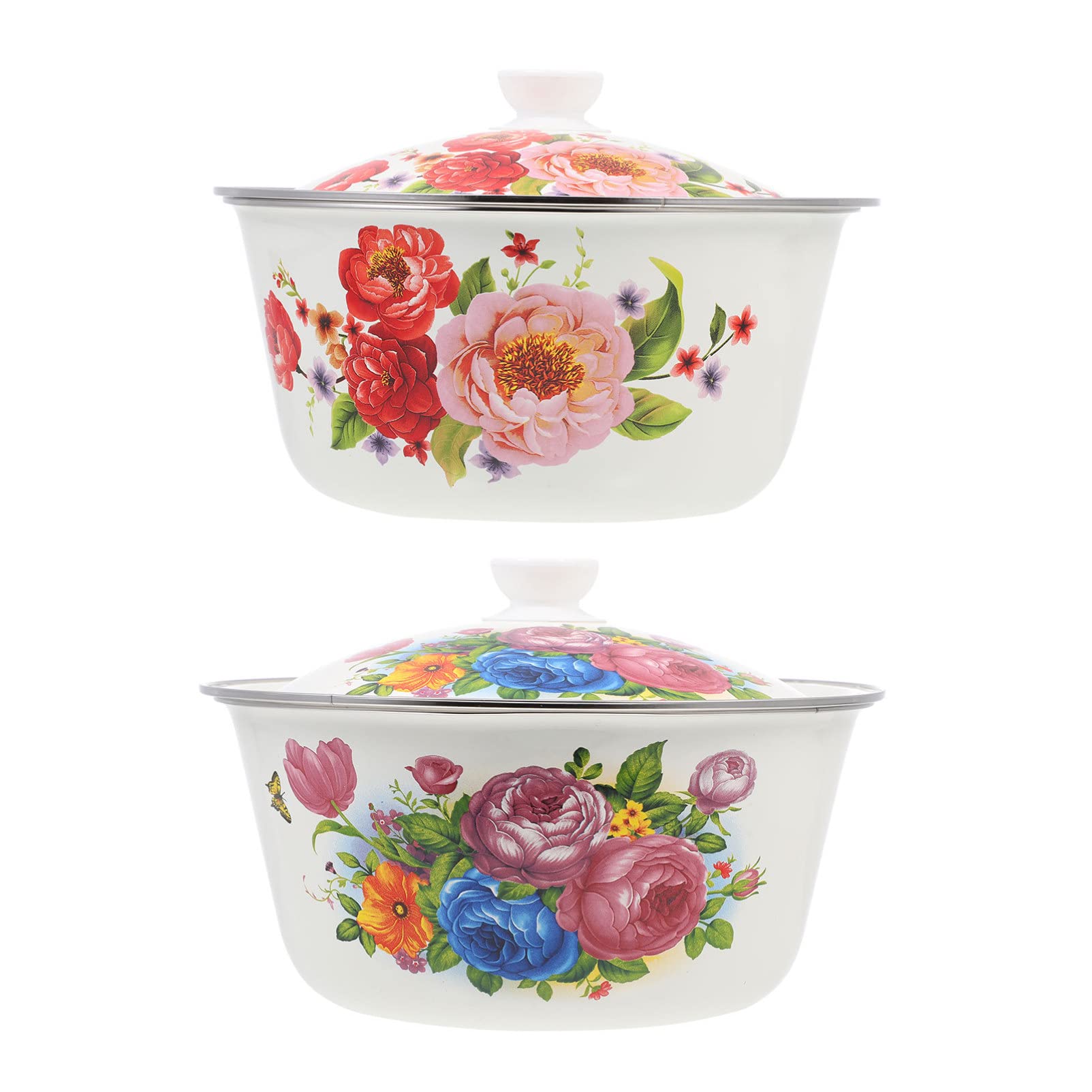Cabilock 2pcs Thickened Enamel Basin Double Handle Storage Bowl Vintage Enamel Pot Enamelware Mixing Bowl Kitchen Salad Soup Food Storage Retro Design