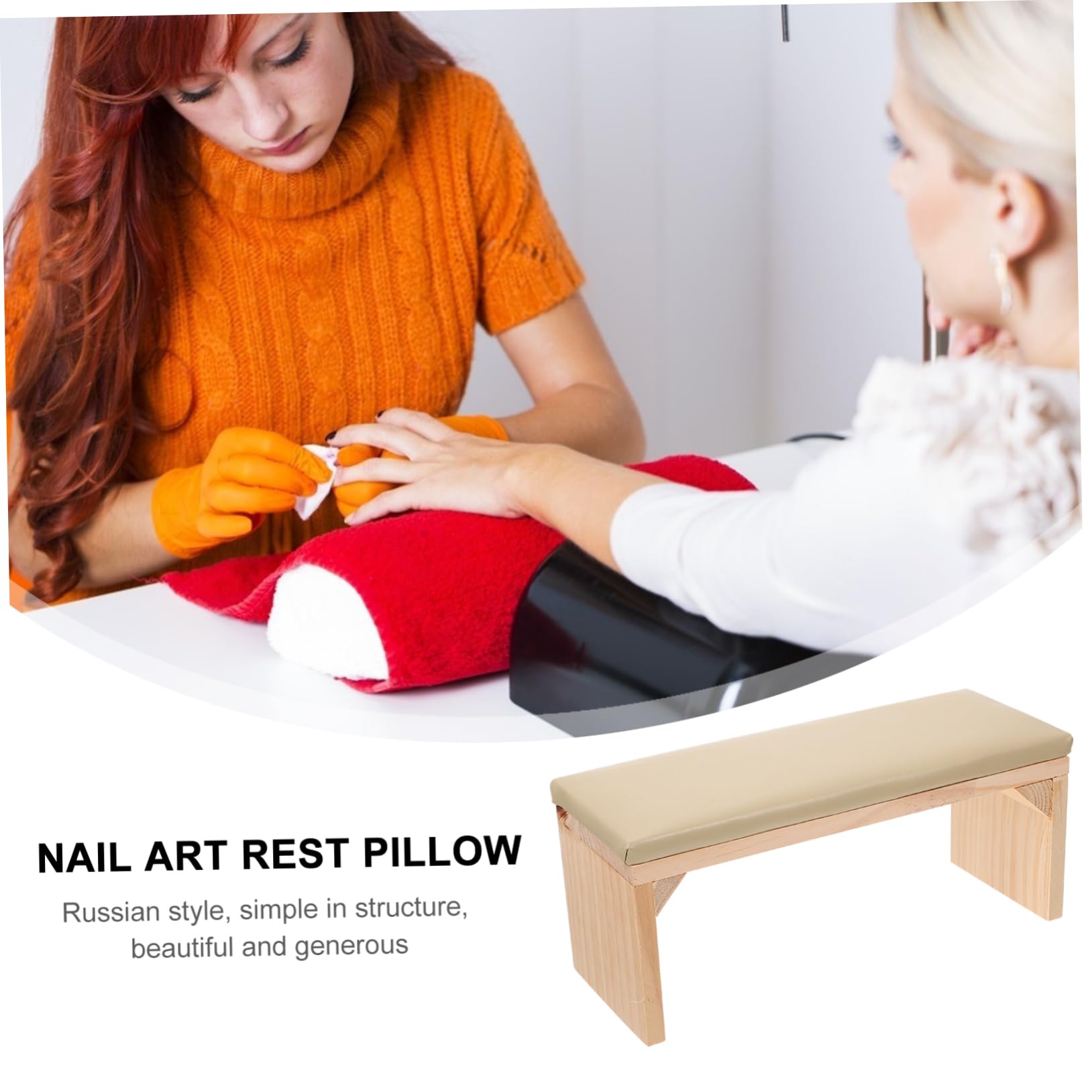 Healeved Poggiamano per Mani Stabili in Legno e Pelle Beige per Manicure Cuscino Pratico per Nail Salon e Allenamento Unghie
