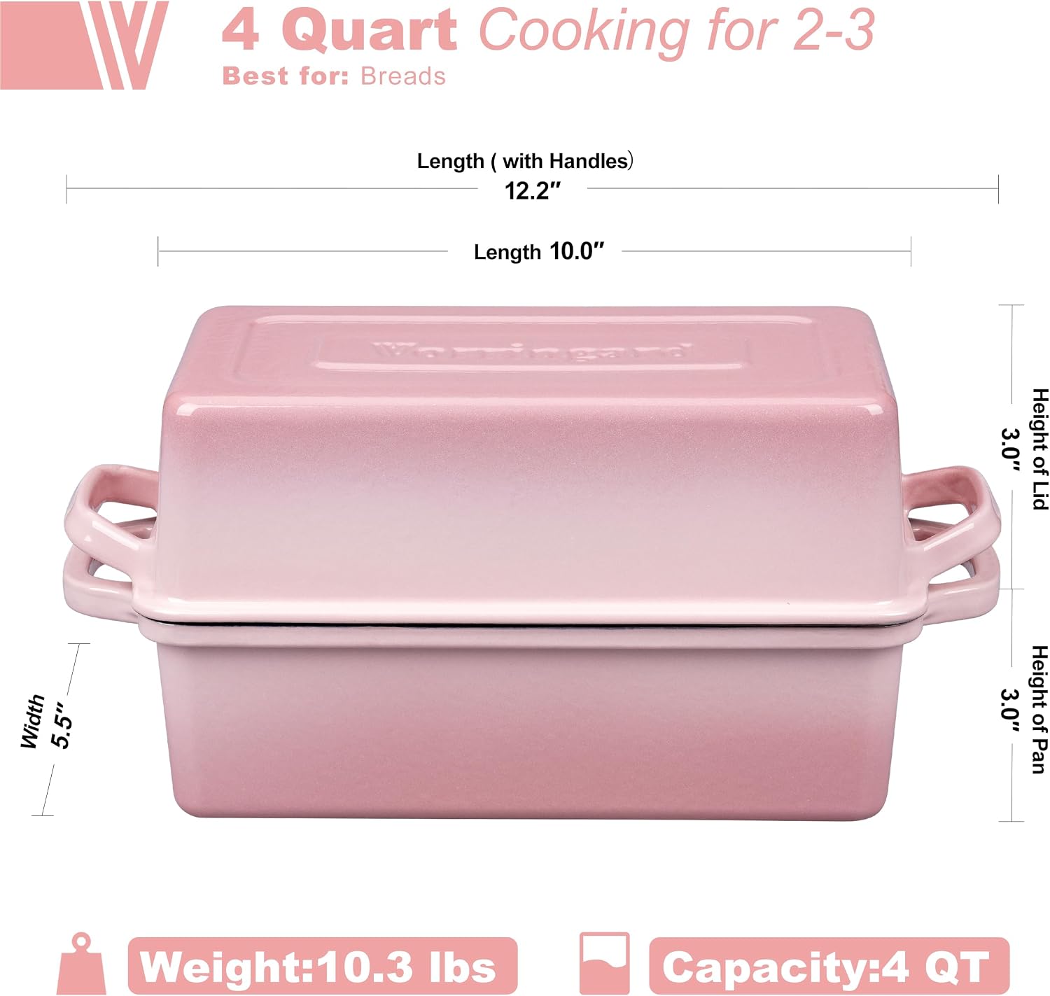 VORRINGARD Enameled Cast Iron Loaf Pan with Lid, Double Bread pan, Bread Dutch Oven for Sourdough Bread Baking, Cake, Meatloaf, 10X5.5 inch, 4 Quart, Pink