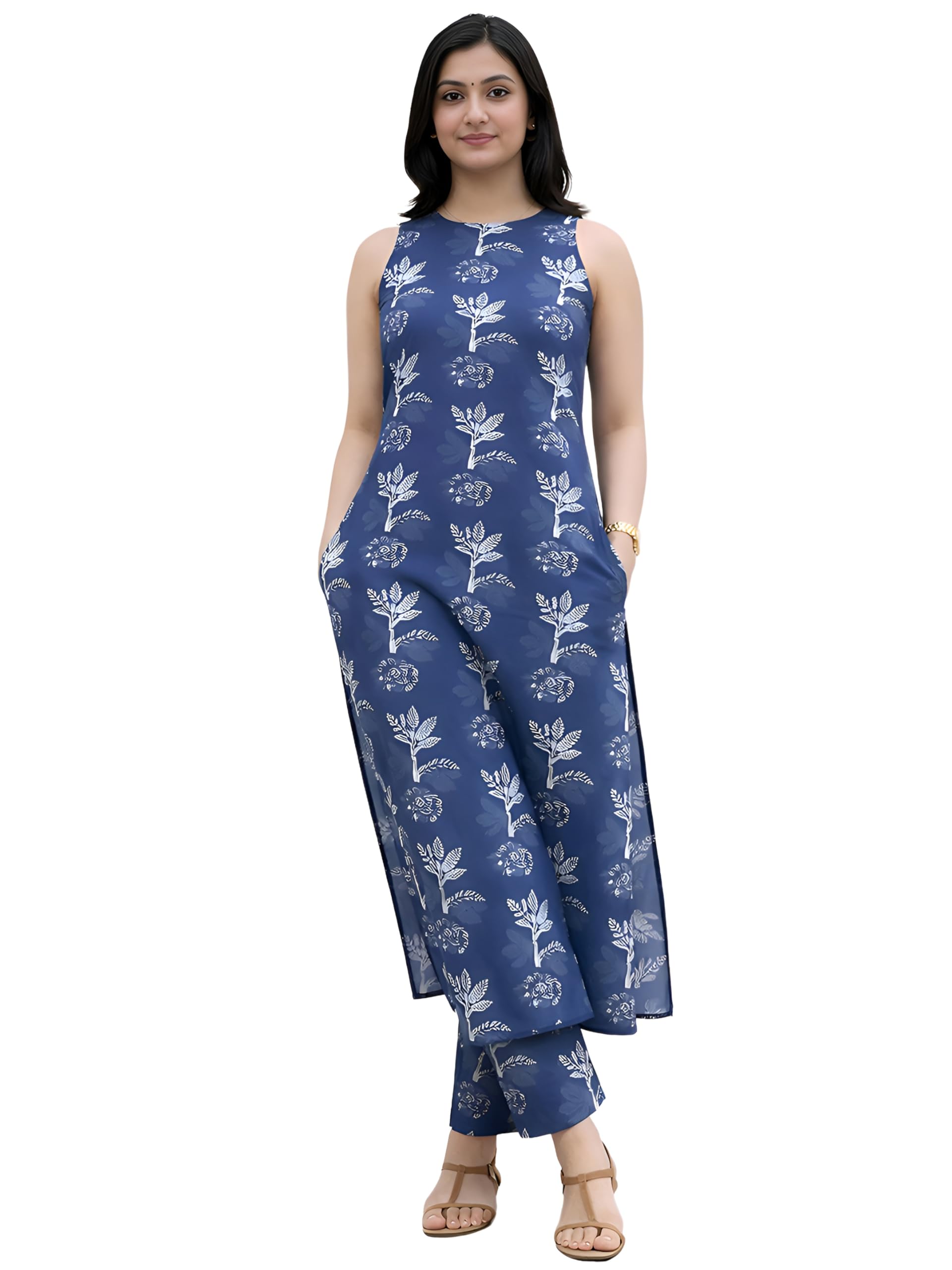 pinkmint Women’s Pure Cambric Cotton Kurta Set | Sleeveless Printed Kurta with Pant | Summer Wear Co-Ord Set | Plus Casual-picture-53