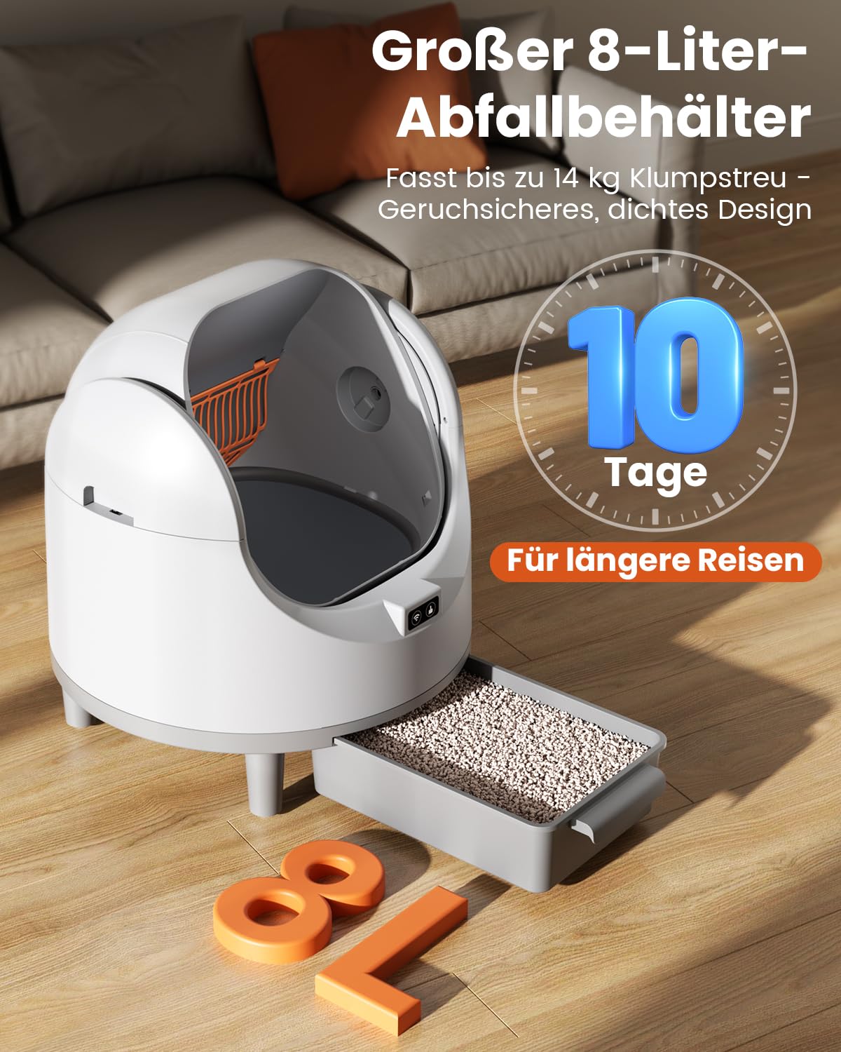 Offenes, Katzenklo Selbstreinigend für große Katzen (10 kg), XL Automatische Katzentoilette, 2 Rollen Müllbeutel, Geruchskontrolle, 10 Sicherheitssensoren, leise Roboter-Toilette für Katzenklo