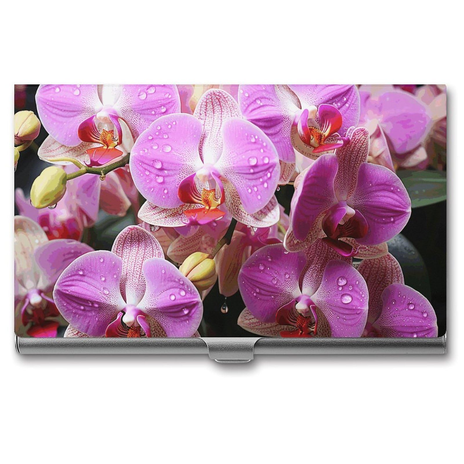 BTCOWZRV Orchids Business Card Holder Metal Slim Business Card Case, Pocket Card Holder for Men Women Purse Name Card Holder Stainless Steel Wallet Credit ID Case for Office