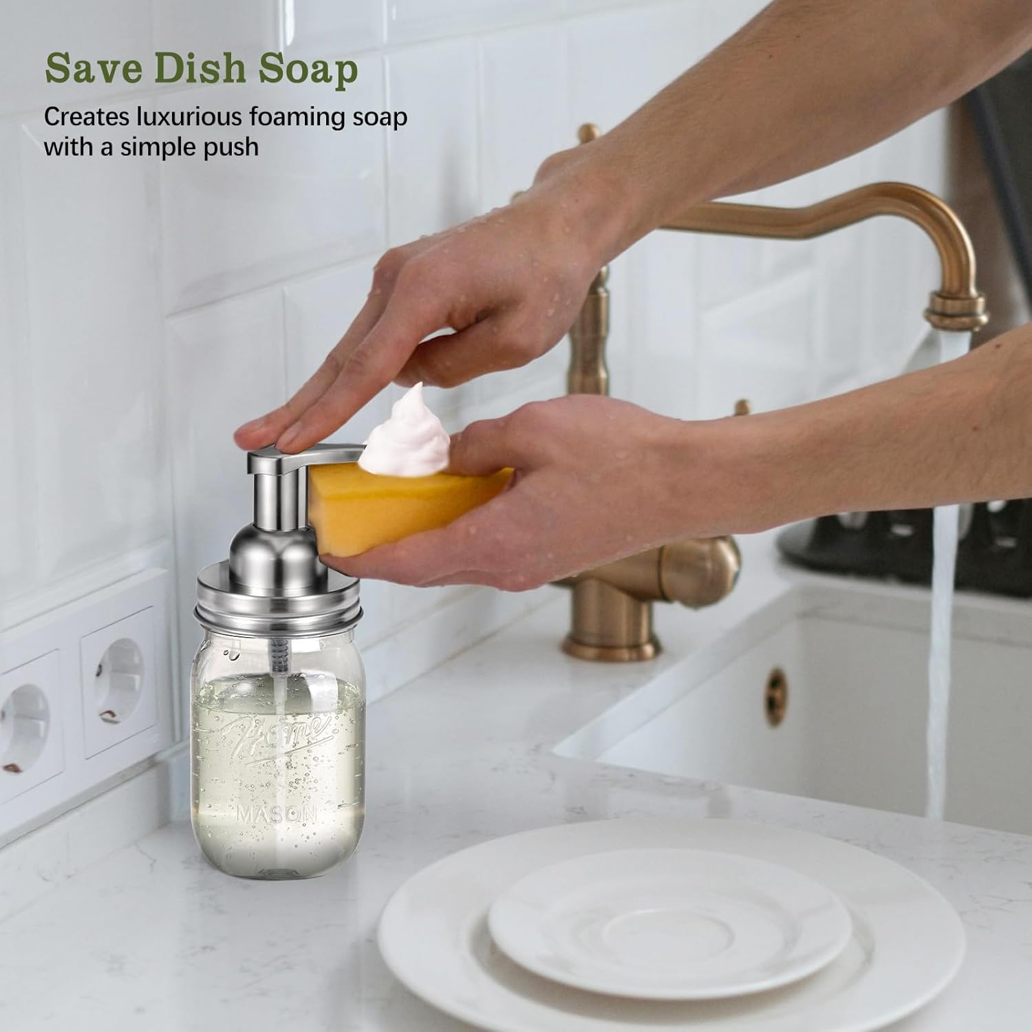 Amolliar Plastic Mason Jar Foaming Soap Dispenser with Pump Lid,16OZ Refillable Hand Soap Dispenser Set with Cute Lables - Farmhouse Decor for Kitchen/Bathroom, Lotion Dish Soap (2 Pack, Silver) - Image 6