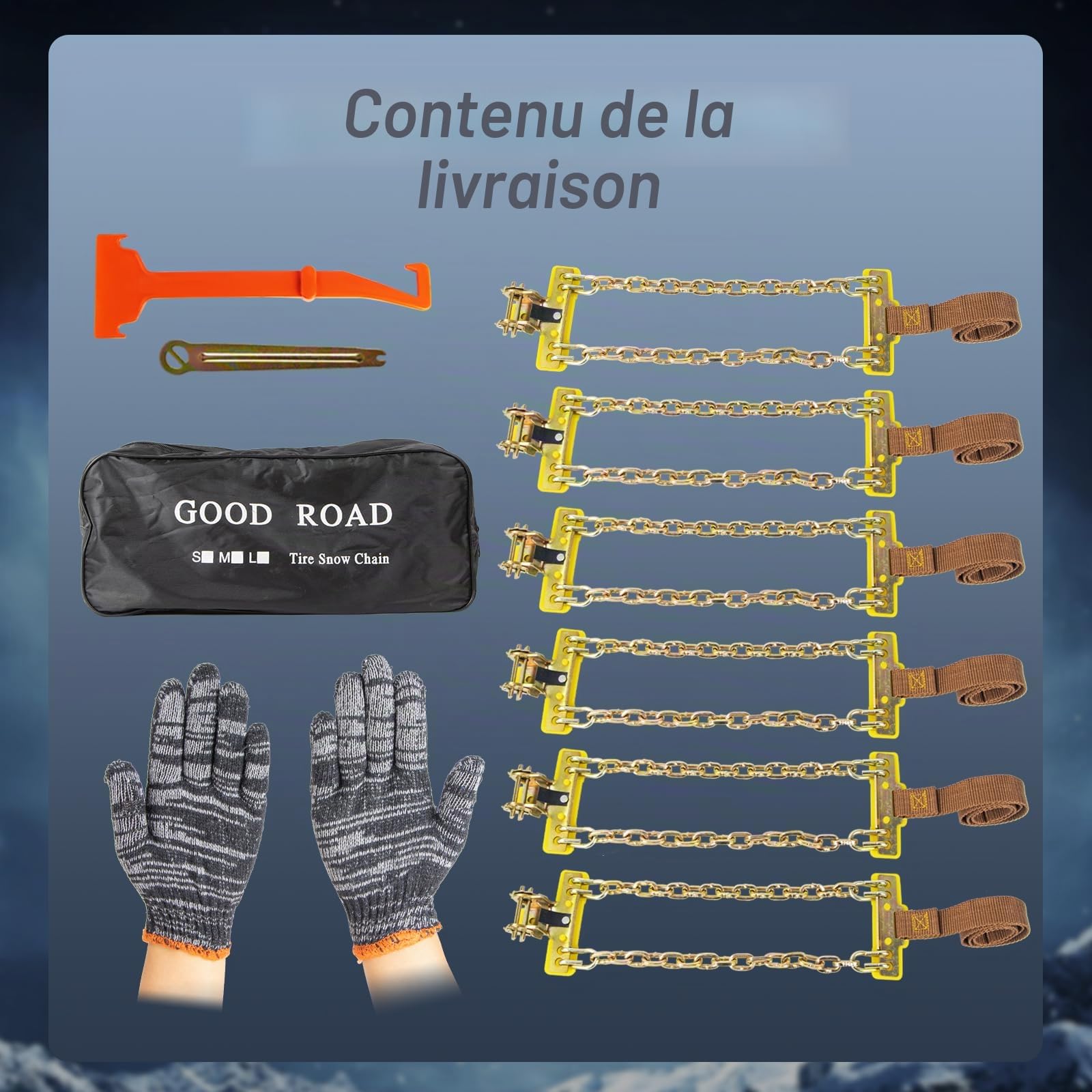 Chaînes à Neige Réglables et Robustes - Lot de 6 pour Voitures, Camions, SUV - Largeur 165-265mm - Avec Pelle à Neige en Plastique et Gants