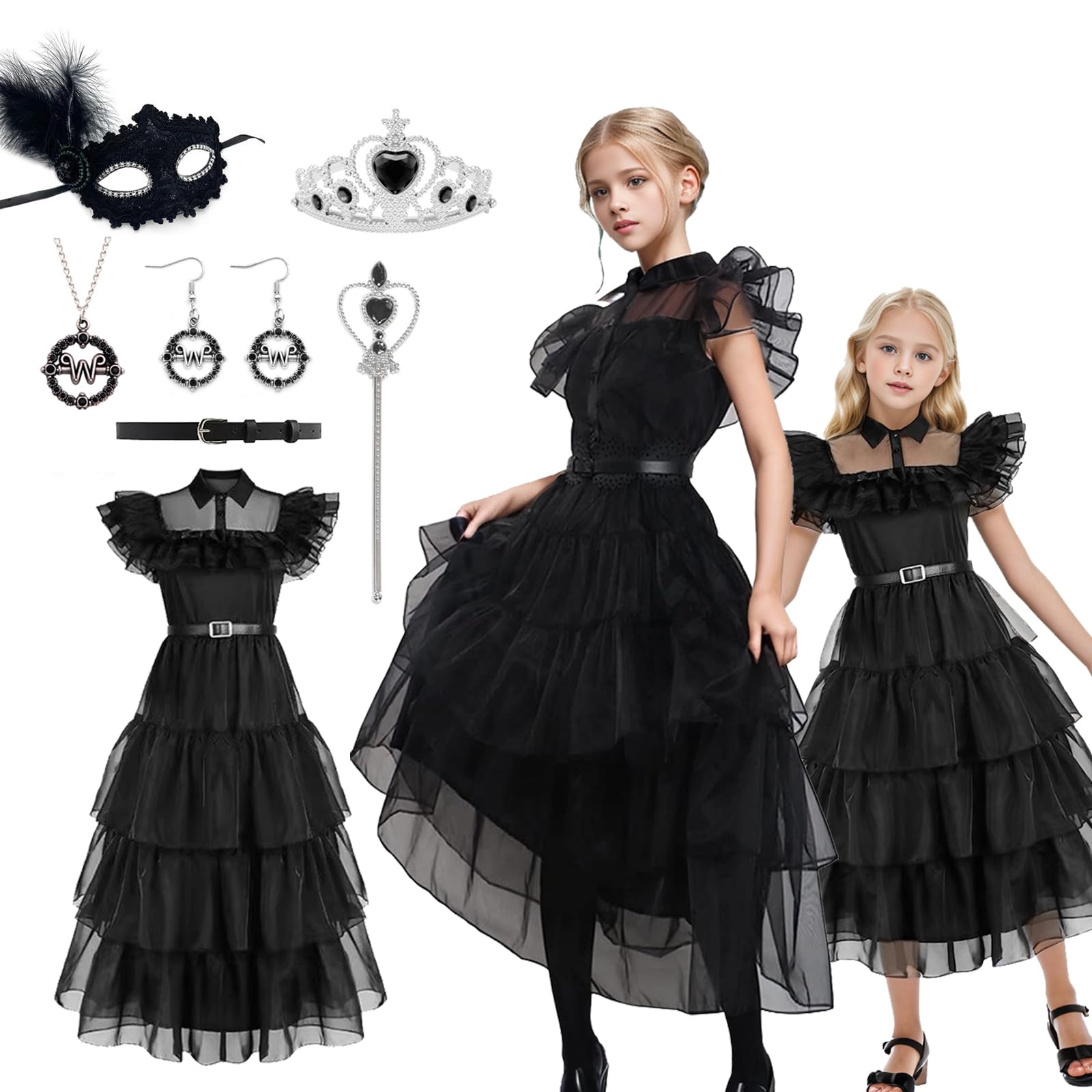Costume Halloween Fille Robe Noire Gothique Avec Perruque - Déguisement Fantaisie Pour Carnaval, Anniversaire - Taille 5-6 Ans - 8