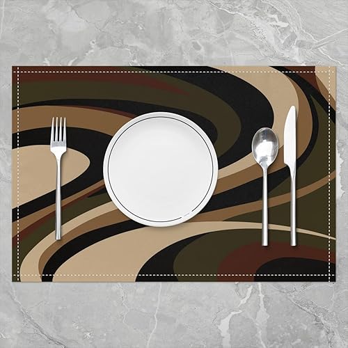 Miniatura 10 de Juego de 4 manteles individuales abstractos en espiral de 12 x 18 pulgadas, diseño retro de rayas geométricas, color burdeos, rojo, gris, para