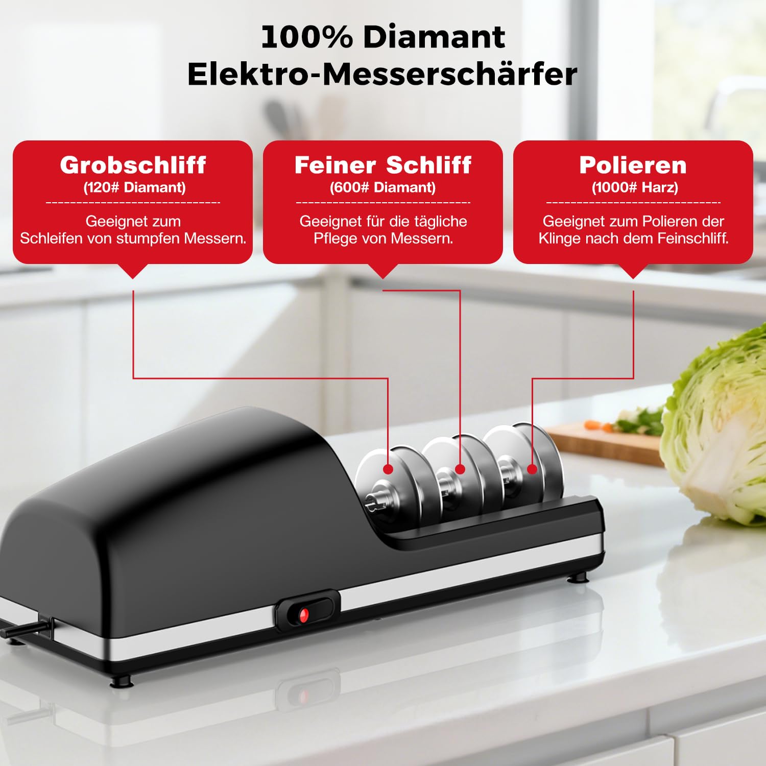 Professioneller Elektrischer Messerschärfer mit Diamant-Schleifköpfen und Präzisionswinkelführungen