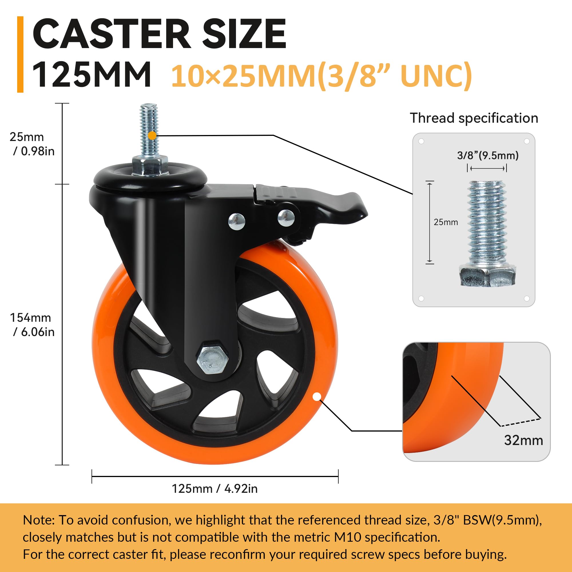 BAOLIHUI Castors for Furniture 125 mm Heavy Duty Castors 10 mm x 25 mm (3/8-16UNC) Furniture Castors with Brake Castors 700 kg Load Transport Castors - Image 3