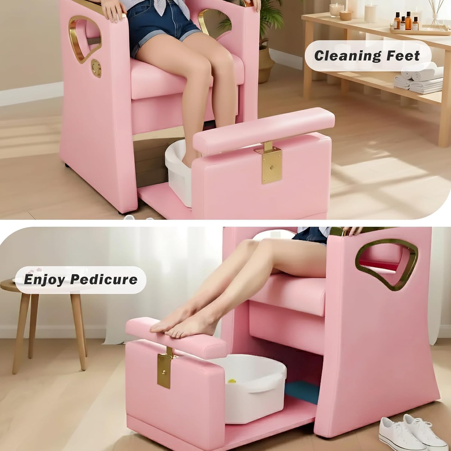 Pedicure Chair for Nail Tech, Professional Reclining No Plumbing Pedicure Station Unit with Sliding Foot Bath and Adjustable Legrest, Rolling Stool, Beauty Spa Salon Massage Station, Pink