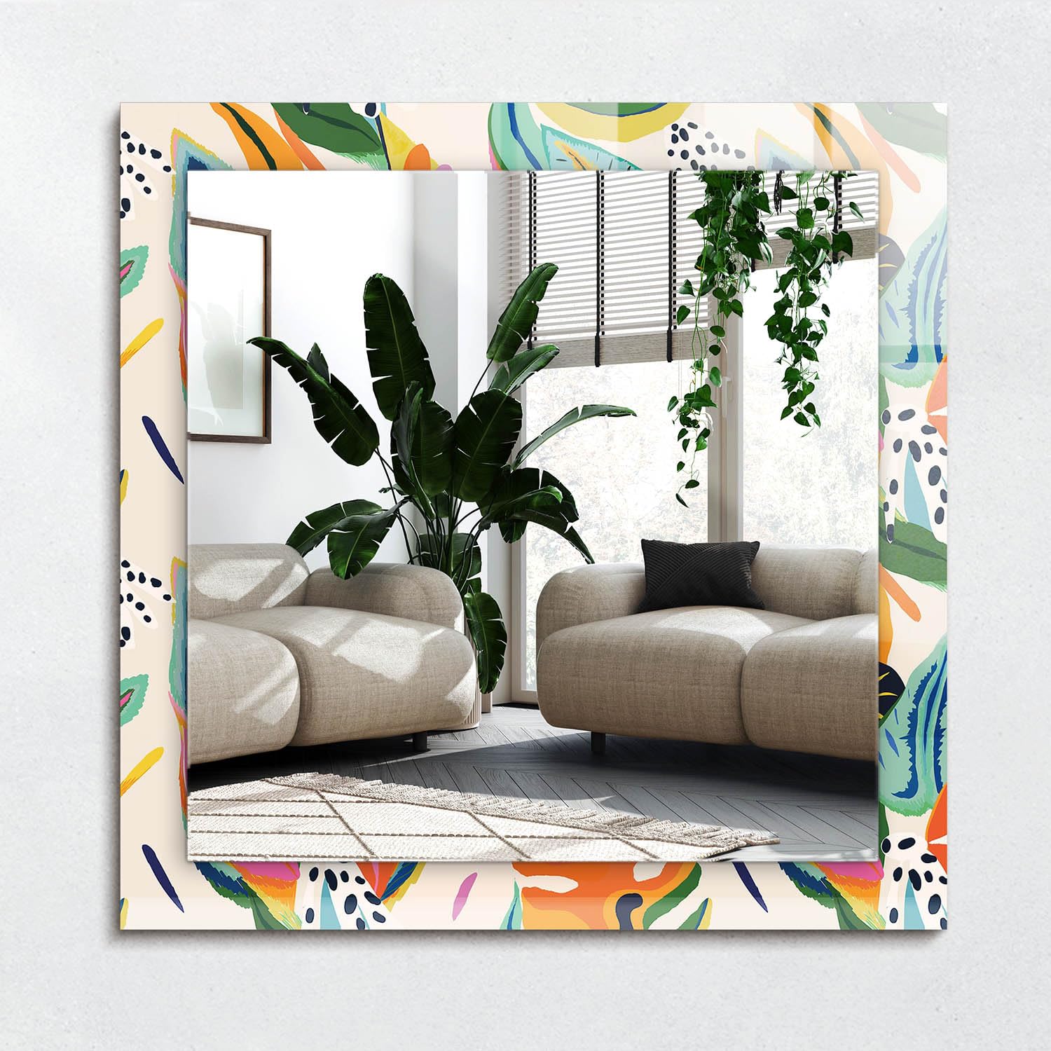 Prostokątne lustro z subtelnym nadrukiem szklanym 60 x 60 cm (23,6 cala x 23,6 cala) | wszechstronny dodatek ścienny - kolorowy wzór liści