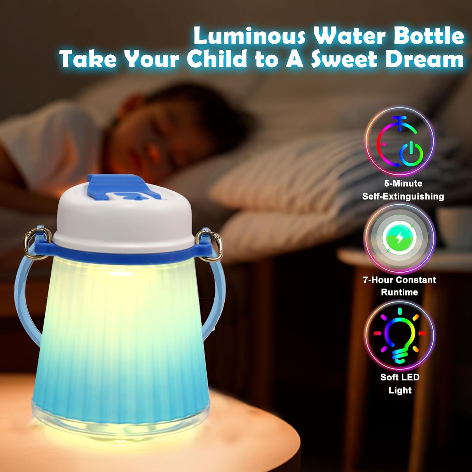 Toycol Glowing Water Bottle, 700ML/24OZ Reusable Portable Water Bottle with 4-Color LED Night Light, Portable Cup with Detachable Handle, Ideal for Travel, Camping & Father's Day Gift（Blue）