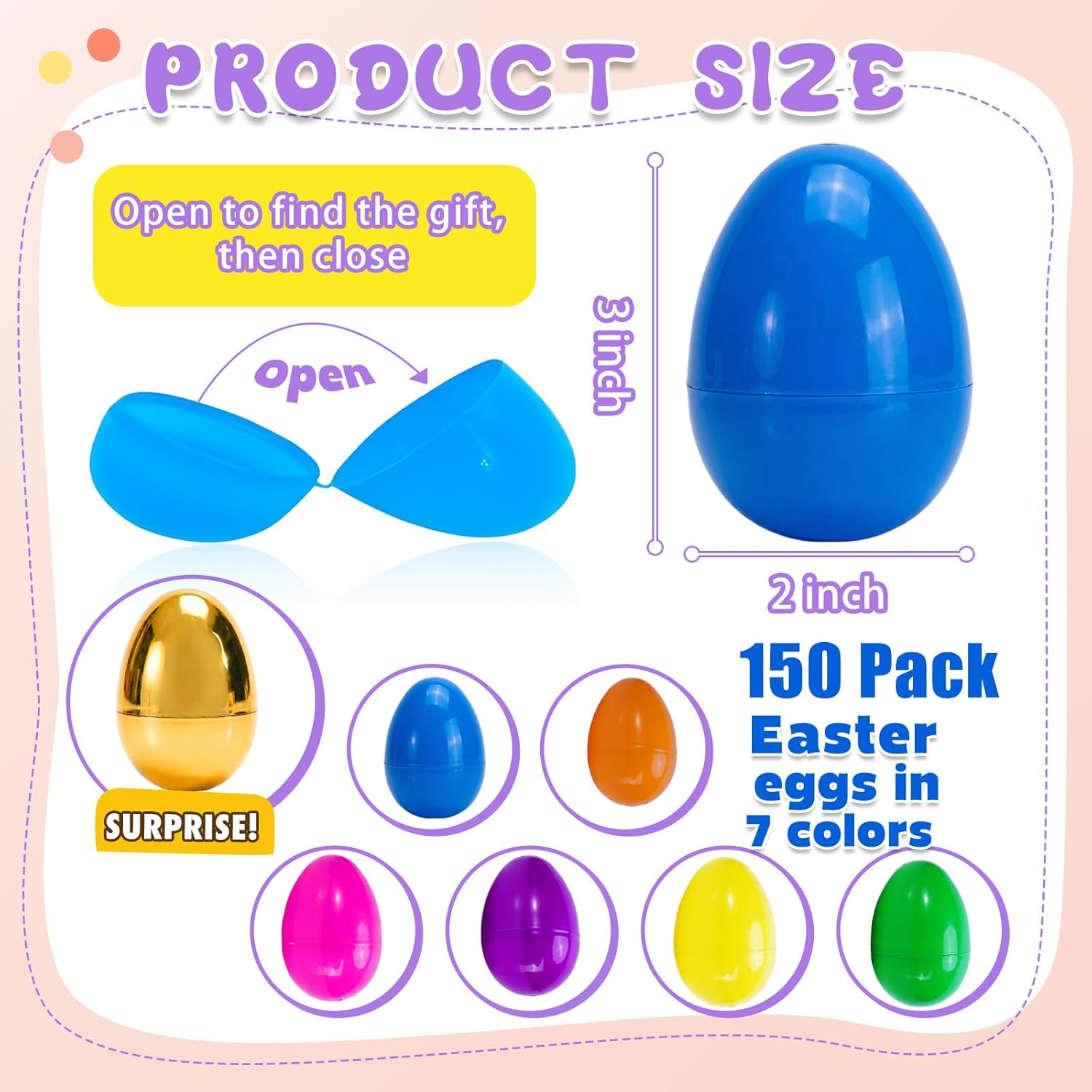150 Pack 3 Inch Large Easter Eggs Bulk Includes 6 Surprise Golden Eggs, Bright Colors Empty Fillable Plastic Eggs for Easter Hunt, Easter Basket Stuffers Fillers Party Favors