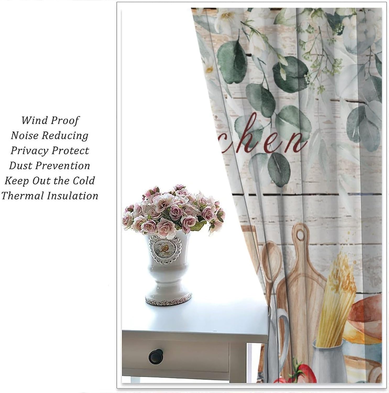 Farmhouse Retro Kitchen Blackout Curtains，Farmhouse Plank Eucalyptus Food Fruits Country Pattern Drapes Window 2 Panel Rod Pocket Curtain for Bedroom Kitchen Cafe Decor 42" W X 45" L