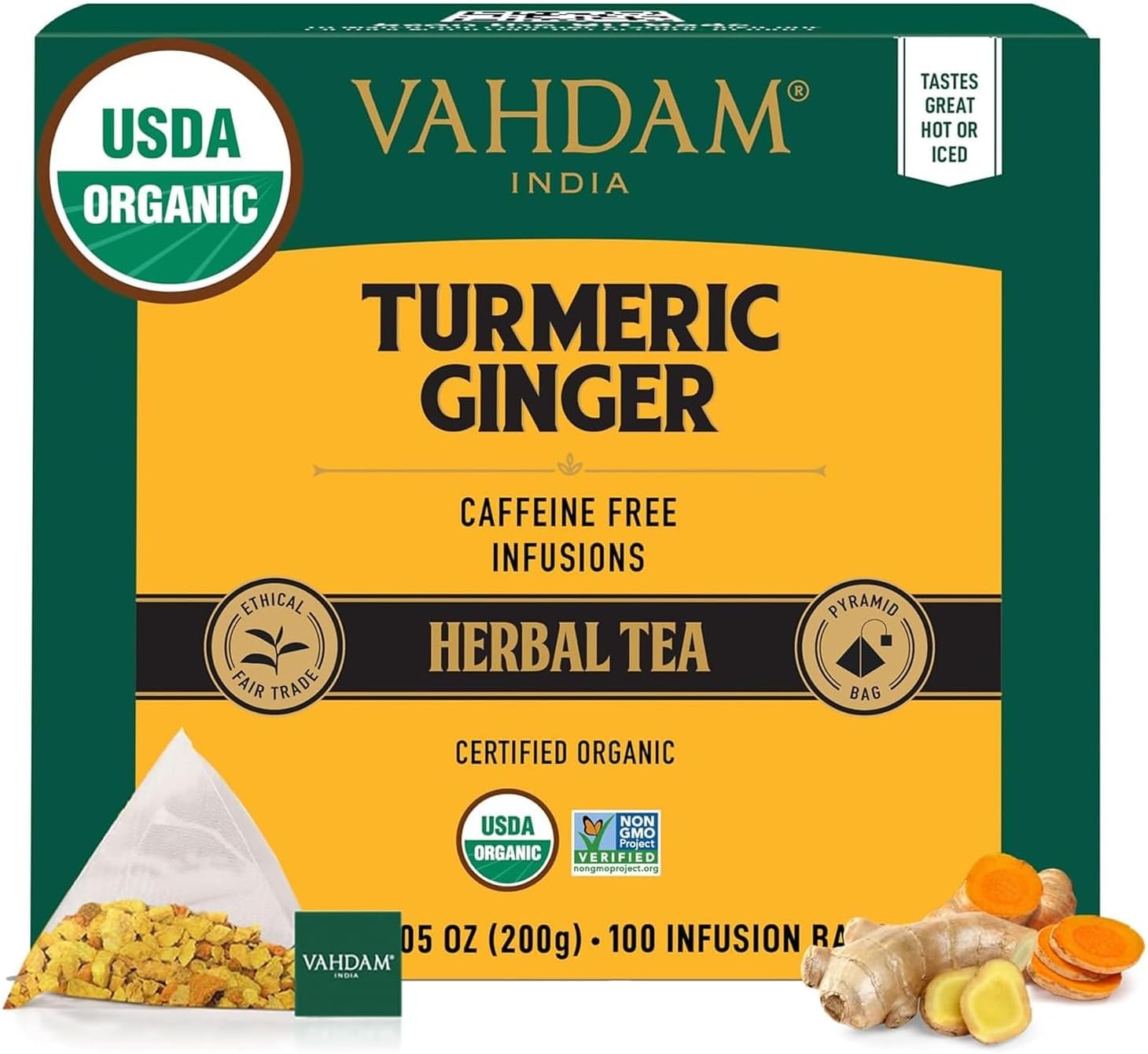 VAHDAM Organic Turmeric Ginger Herbal Tea Bags (100 Pyramid Tea Bags) Caffeine Free, Non GMO | 100% Pure Herbal Blend - Savory & Spicy, Plant-Based Teabags | Resealable Ziplock Pouch