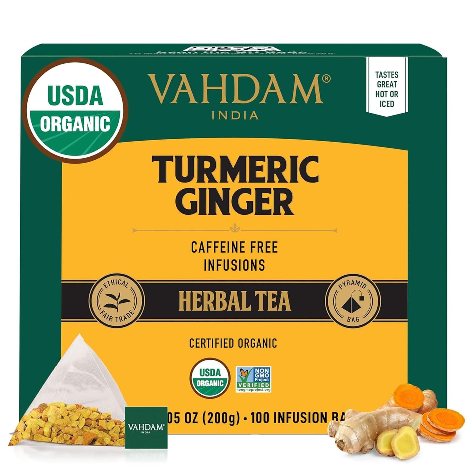Organic Turmeric Ginger Herbal Tea Bags (100 Pyramid Tea Bags) Caffeine Free, Non GMO | 100% Pure Herbal Blend - Savory & Spicy, Plant-Based Teabags | Resealable Ziplock Pouch