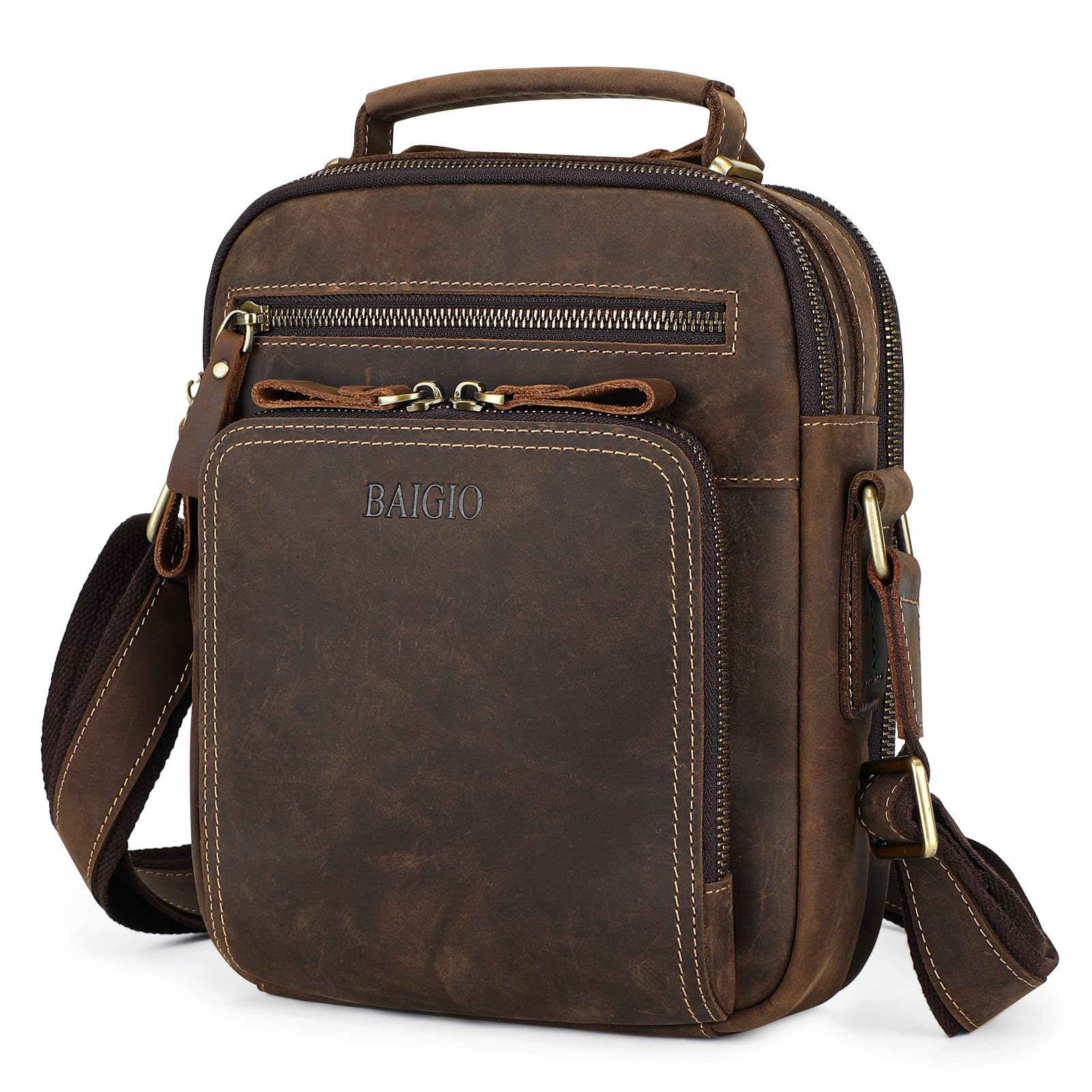 BAIGIO Small Leather Messenger Bag for Men Shoulder Bag Crossbody Vintage Handbag Man Purse for Ipad Travel Bussiness