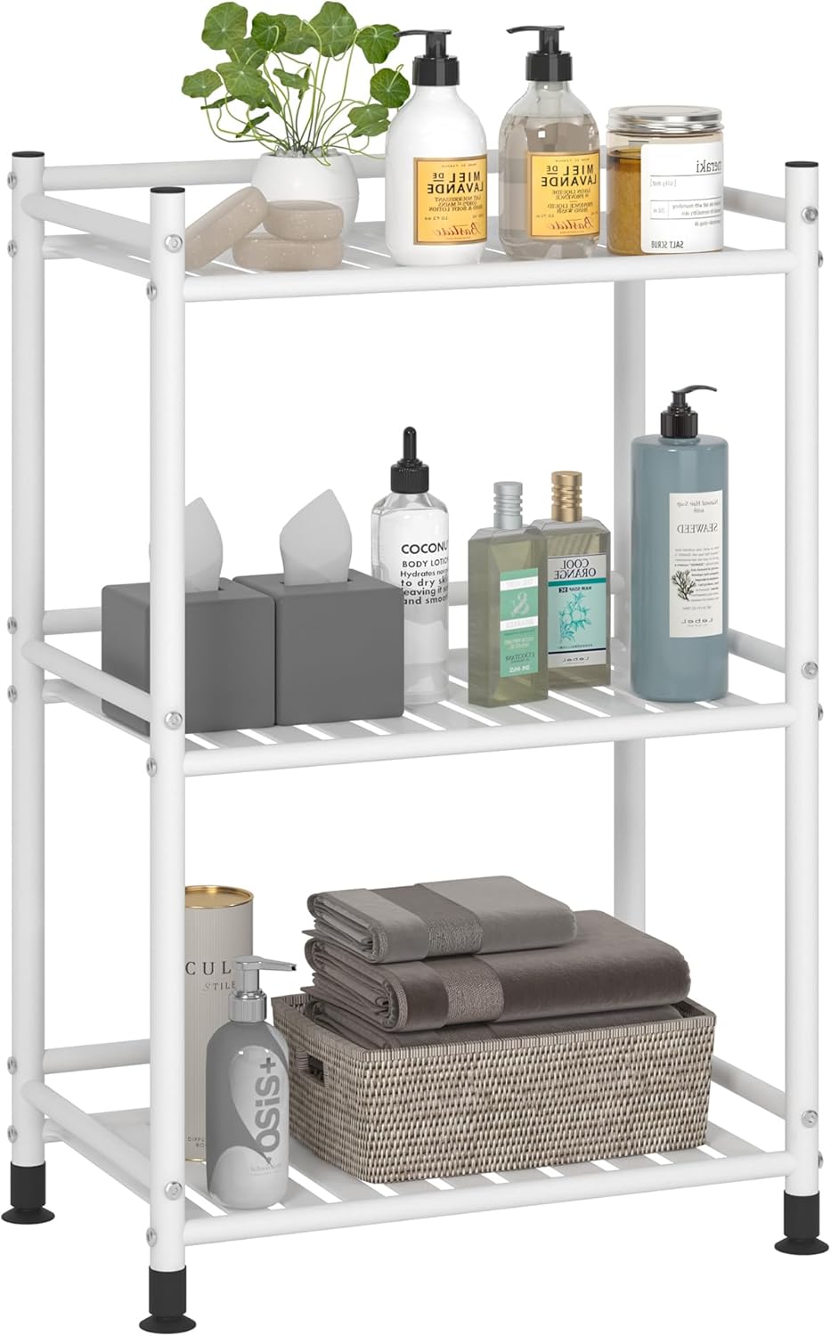 3 Tier Bathroom Storage Open Shelf Unit, Free-Standing Metal Corner Rack Shelving for Kitchen, Living Room, Hallway (White, Wider 3 Tier)