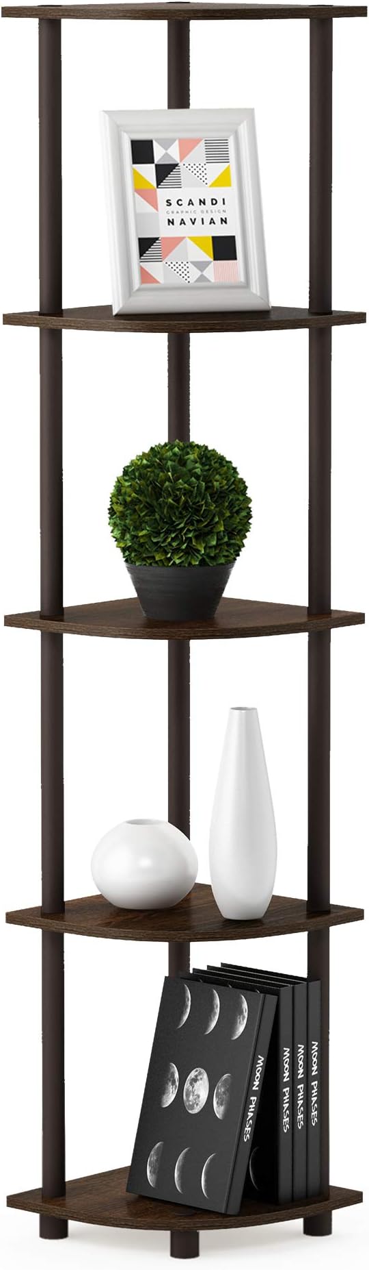 Furinno Turn-N-Tube 5 Tier Corner Display Rack Multipurpose Shelving Unit, 1-Pack, Walnut/Brown