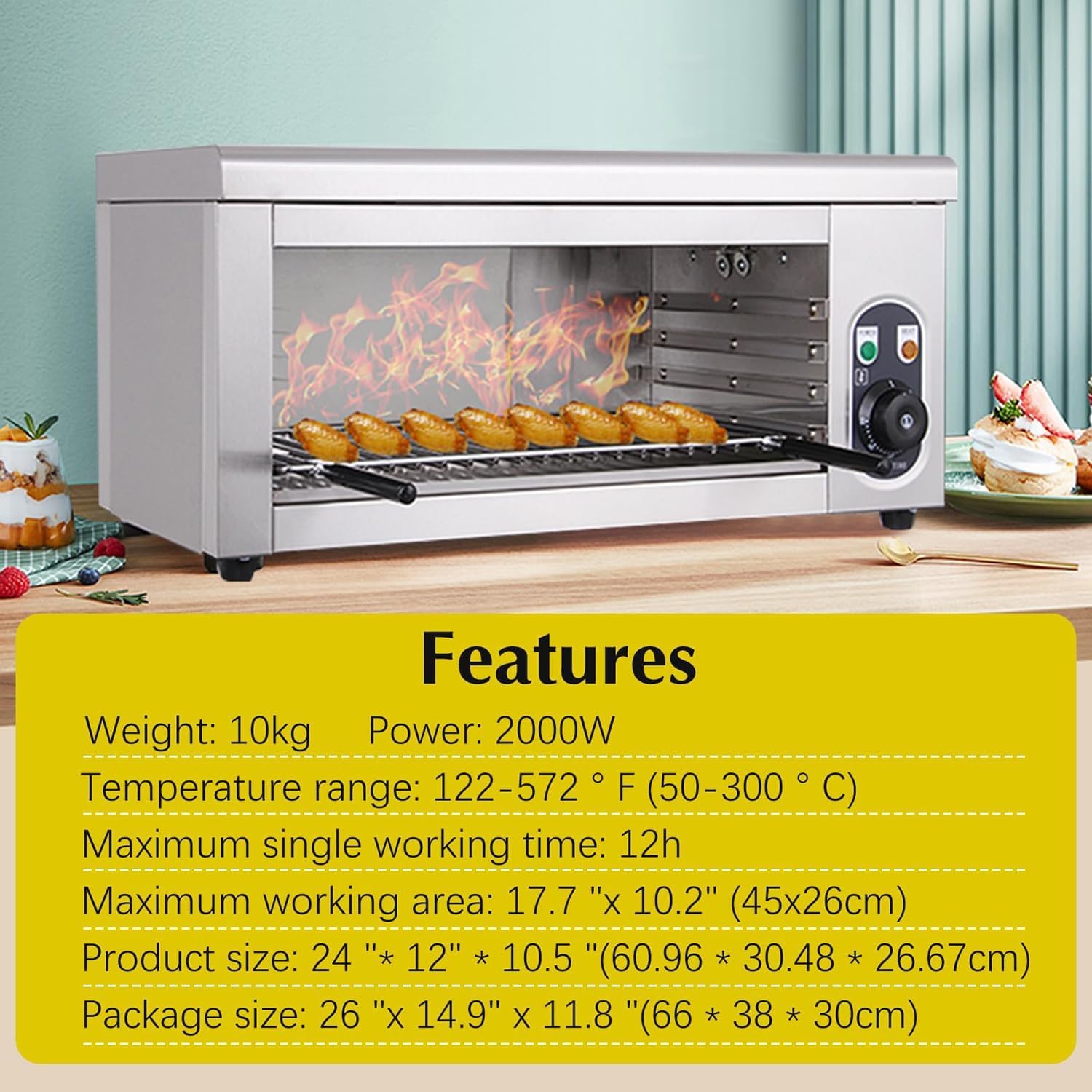 Parrilla eléctrica Comercial, Horno de sobremesa con asador Tipo salamandra y Rejilla Ajustable, 50-300 °C, Acero Inoxidable.